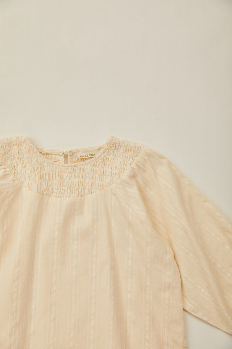 Mini Long Sleeve Shirred Neckline Dress in Oatmeal
