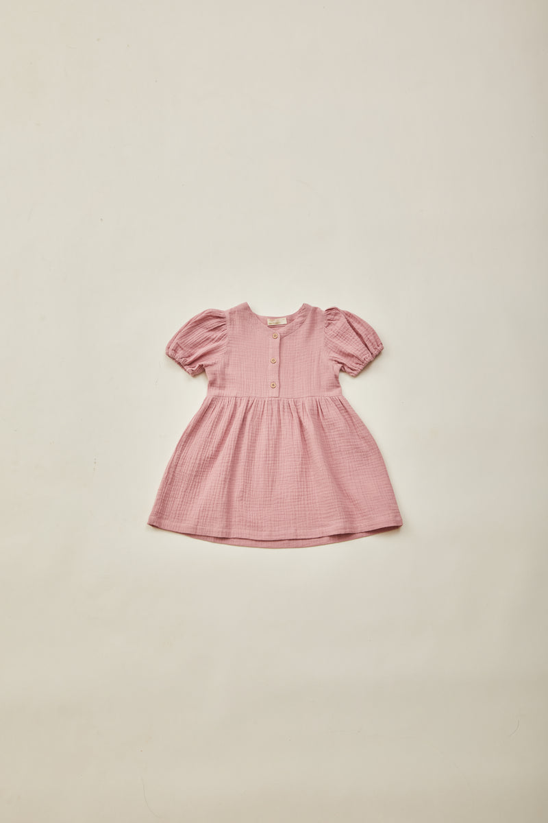 Mini Buttoned Round Neck Dress in Petal Pink
