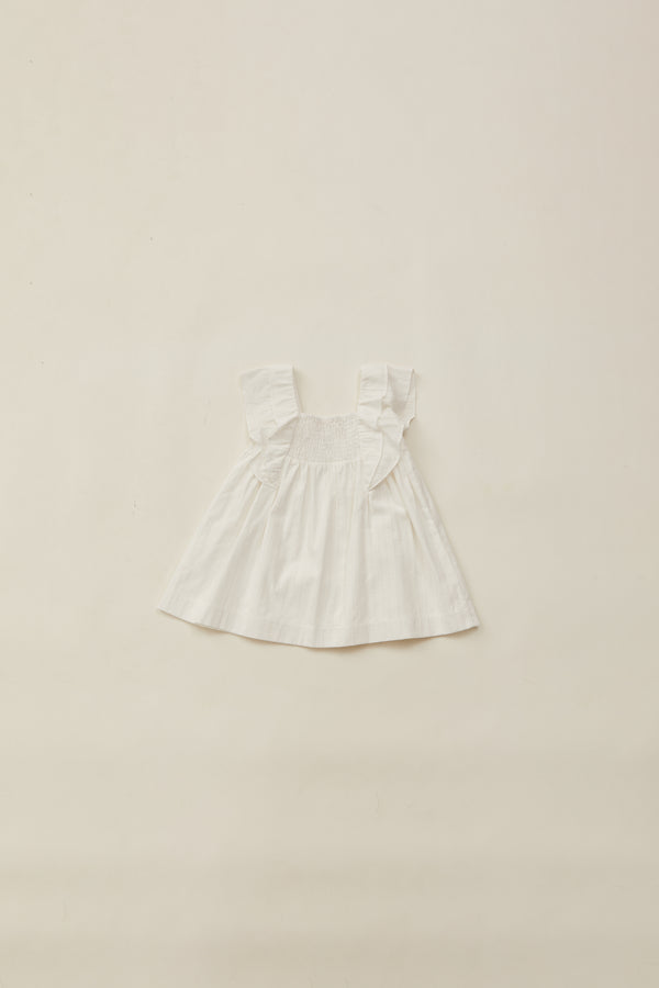 Mini Flutter Strap Shirred Dress in White