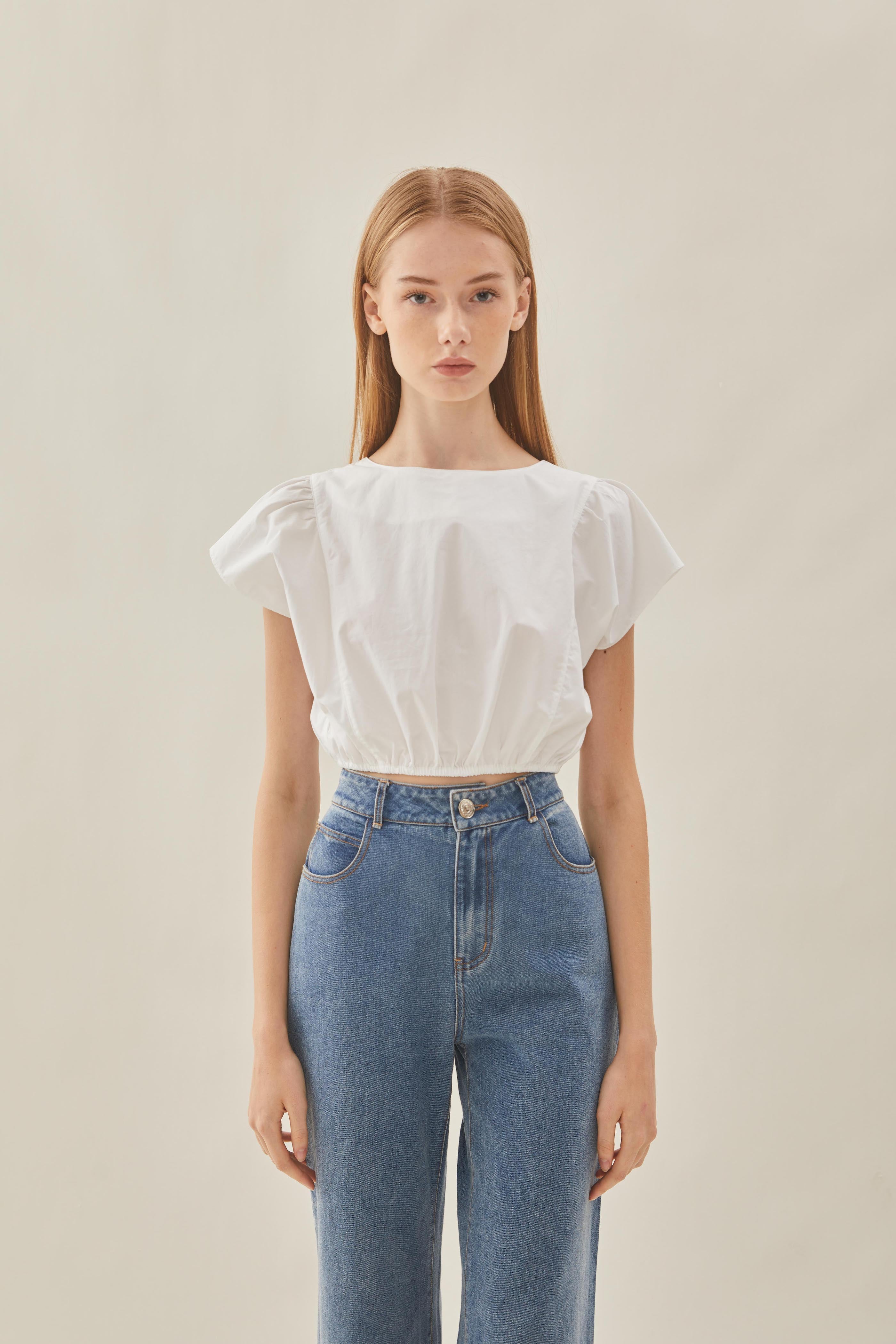 Cropped Button Back Top in White