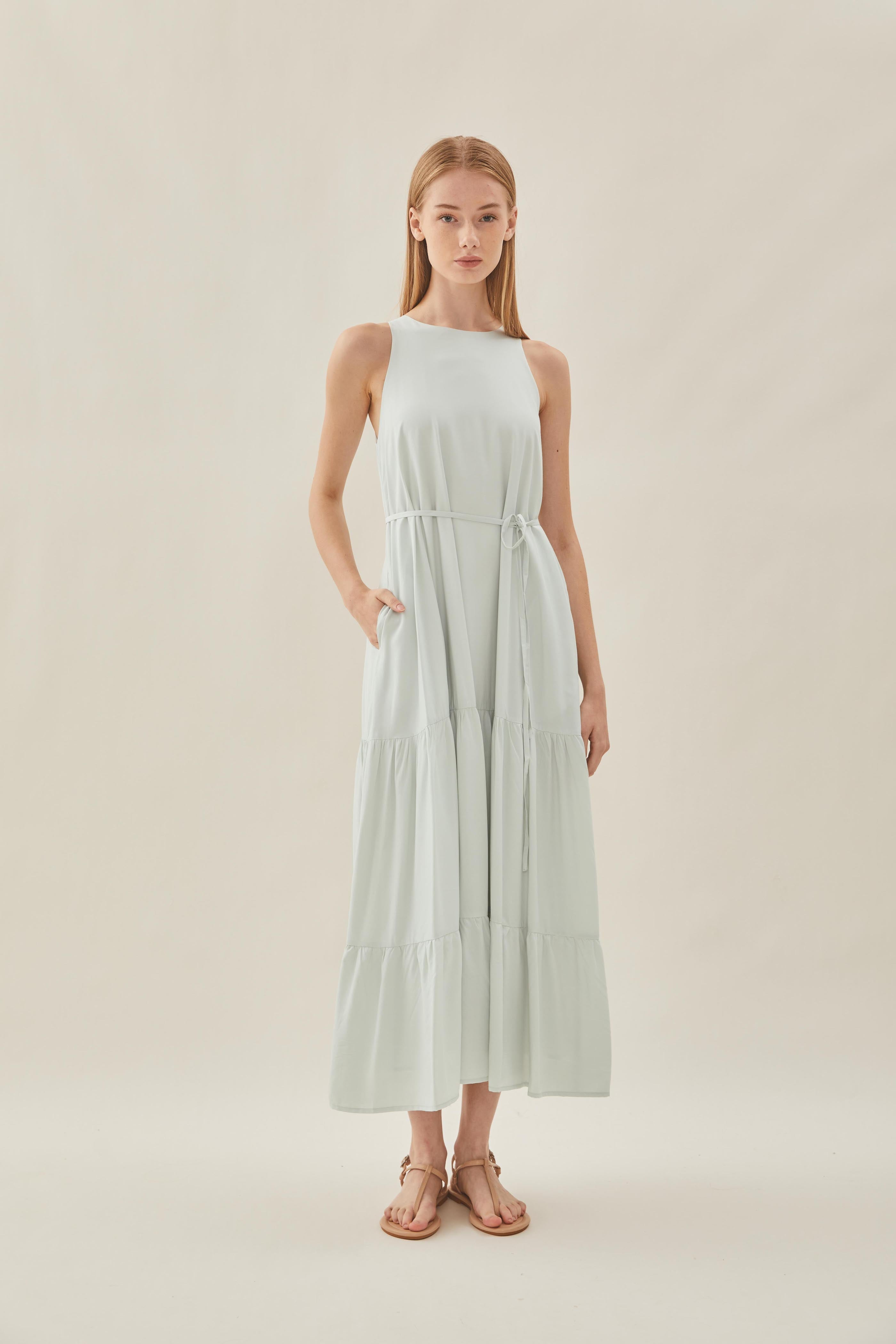 Cotton Blend Tiered Maxi Dress in Fog