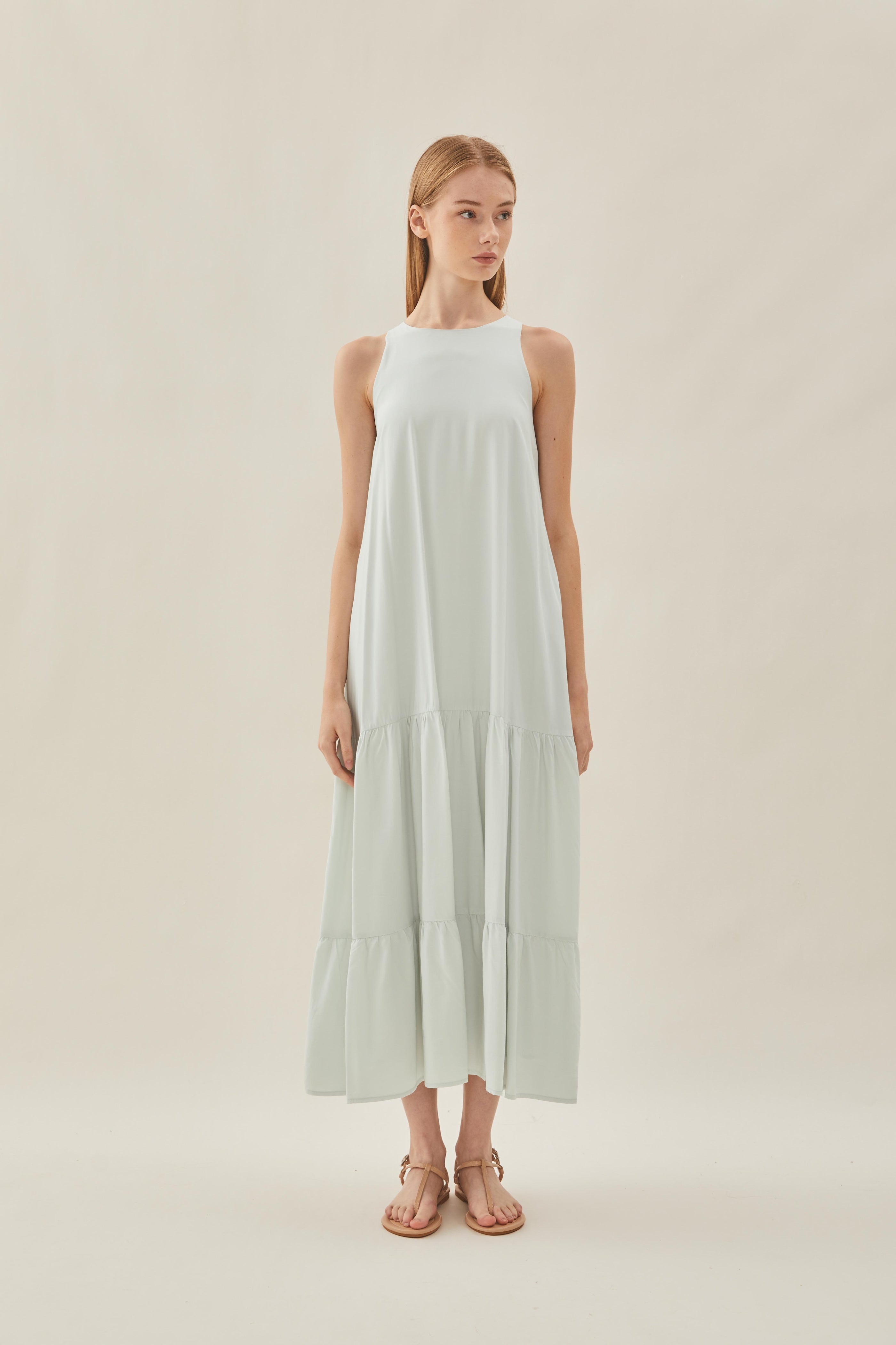 Cotton Blend Tiered Maxi Dress in Fog
