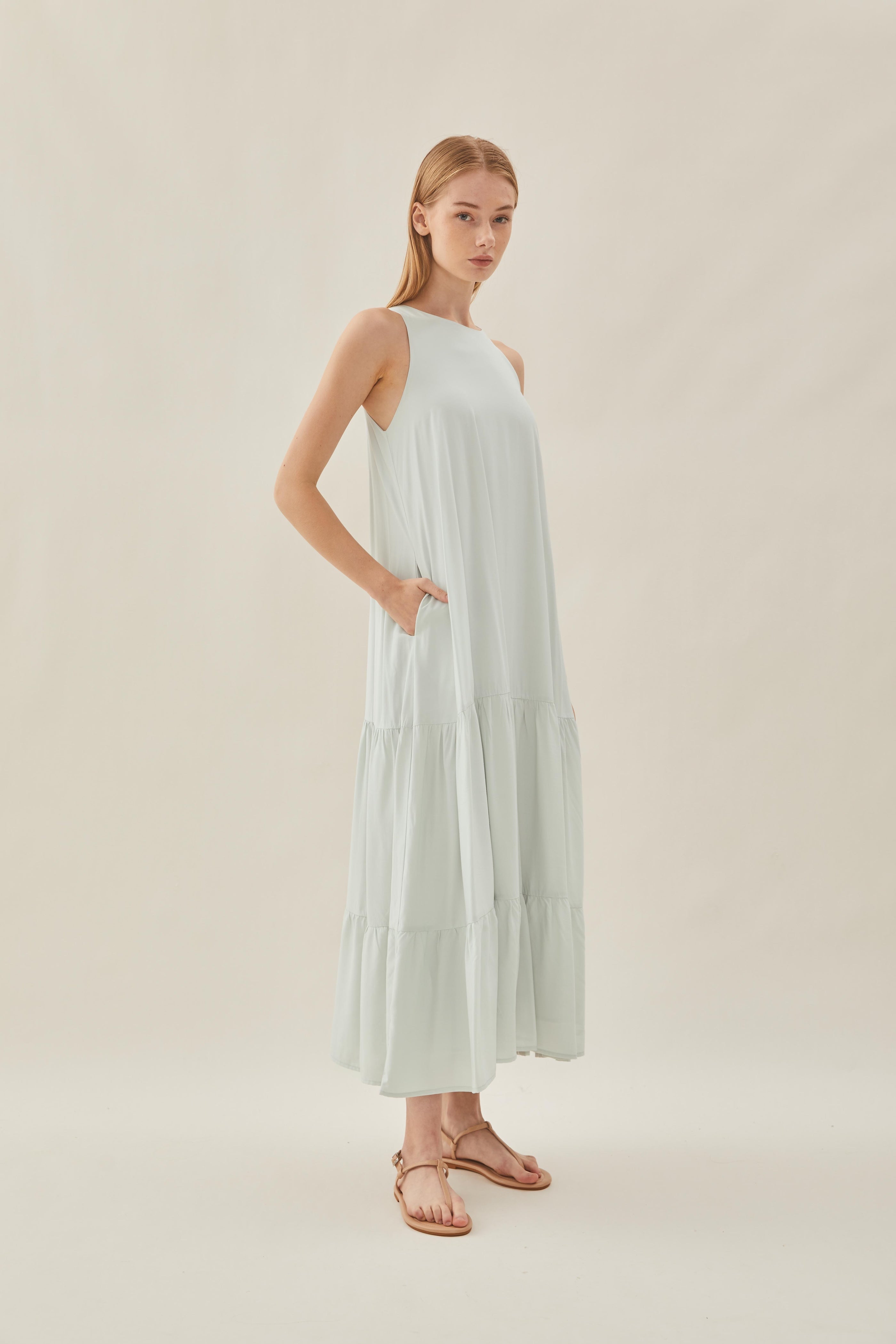 Cotton Blend Tiered Maxi Dress in Fog
