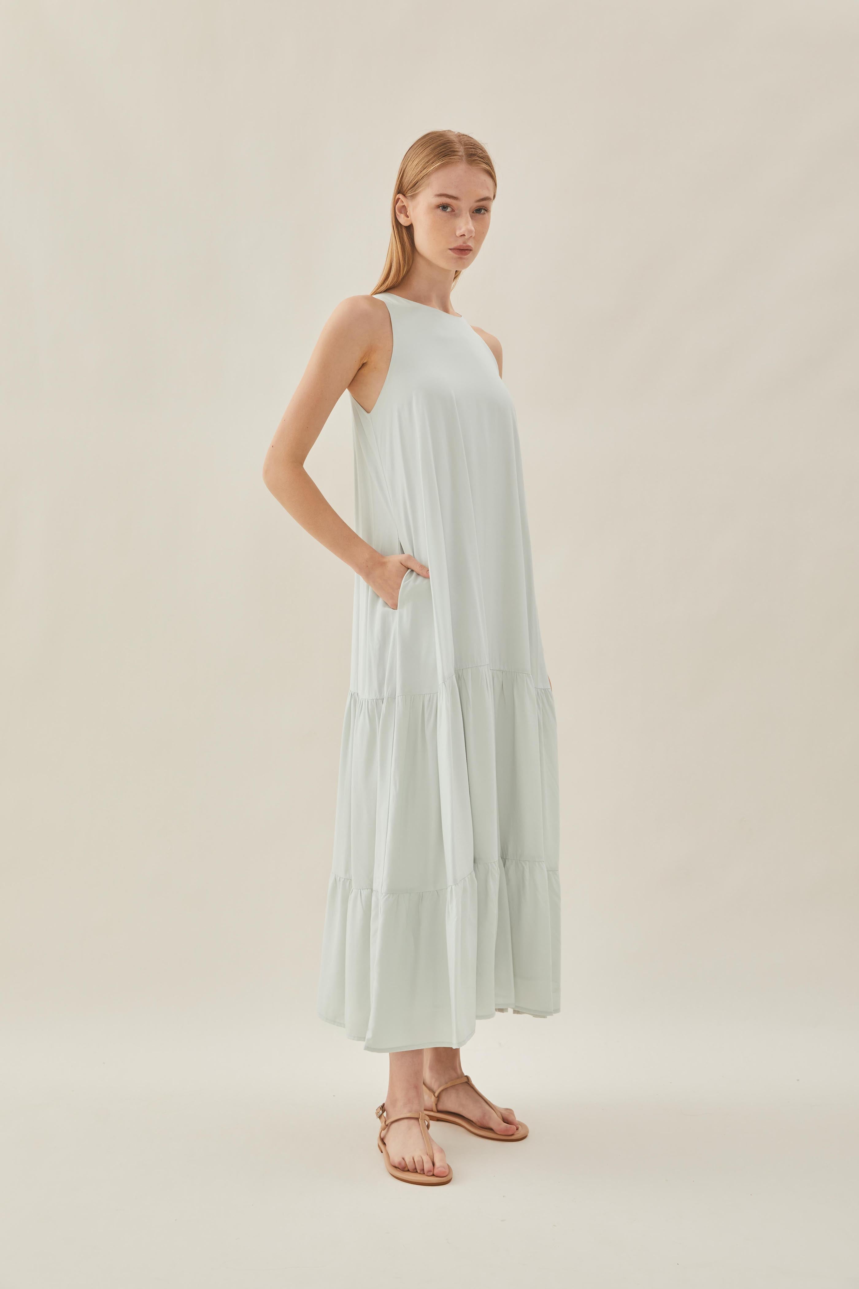 Cotton Blend Tiered Maxi Dress in Fog