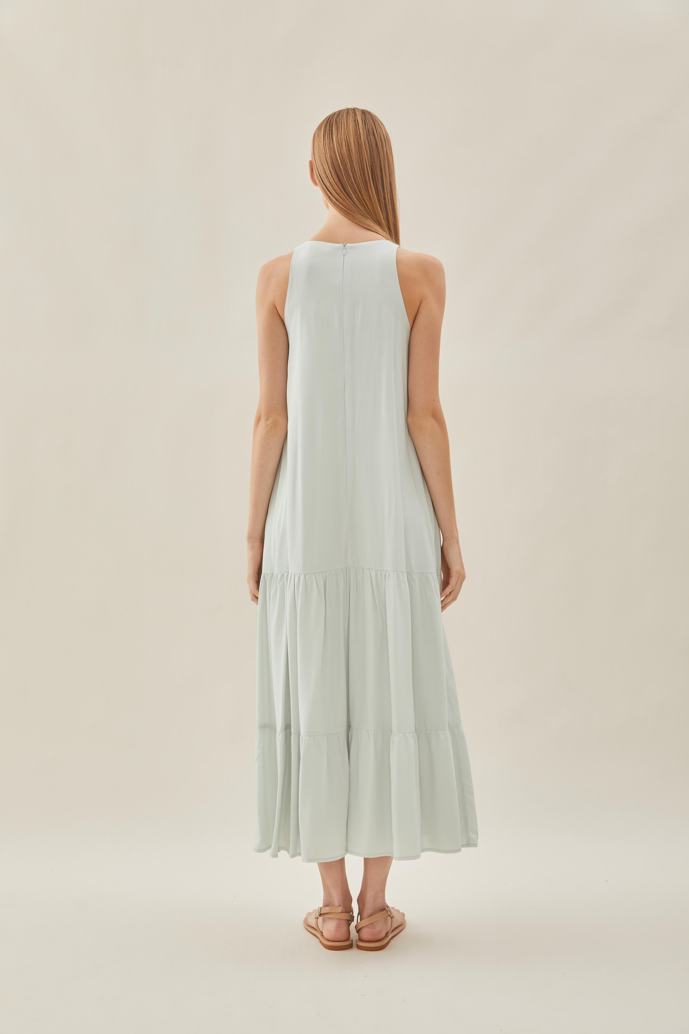 Cotton Blend Tiered Maxi Dress in Fog