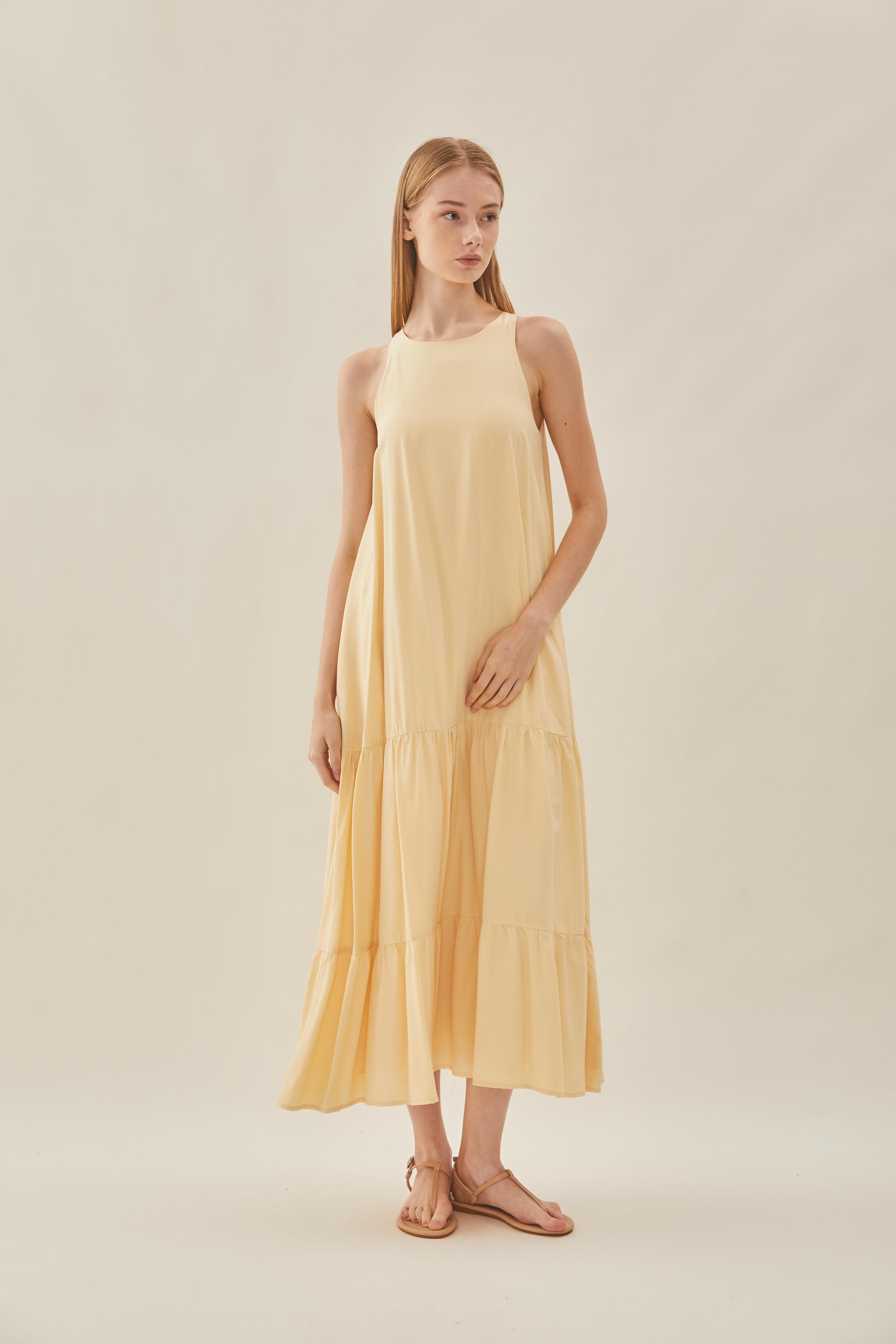 Cotton Blend Tiered Maxi Dress in Soft Yellow