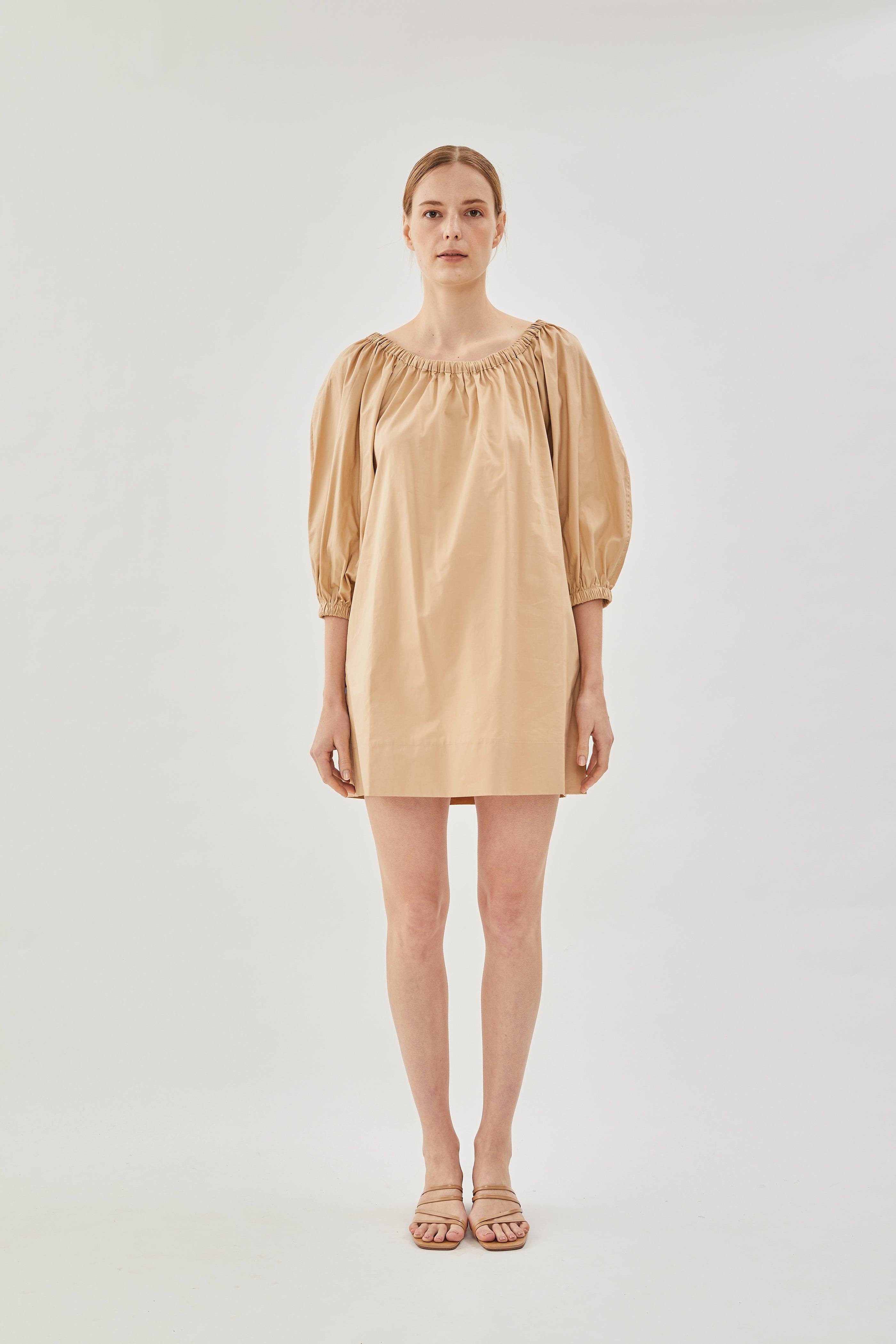 Cotton Gathered Dress in Sand