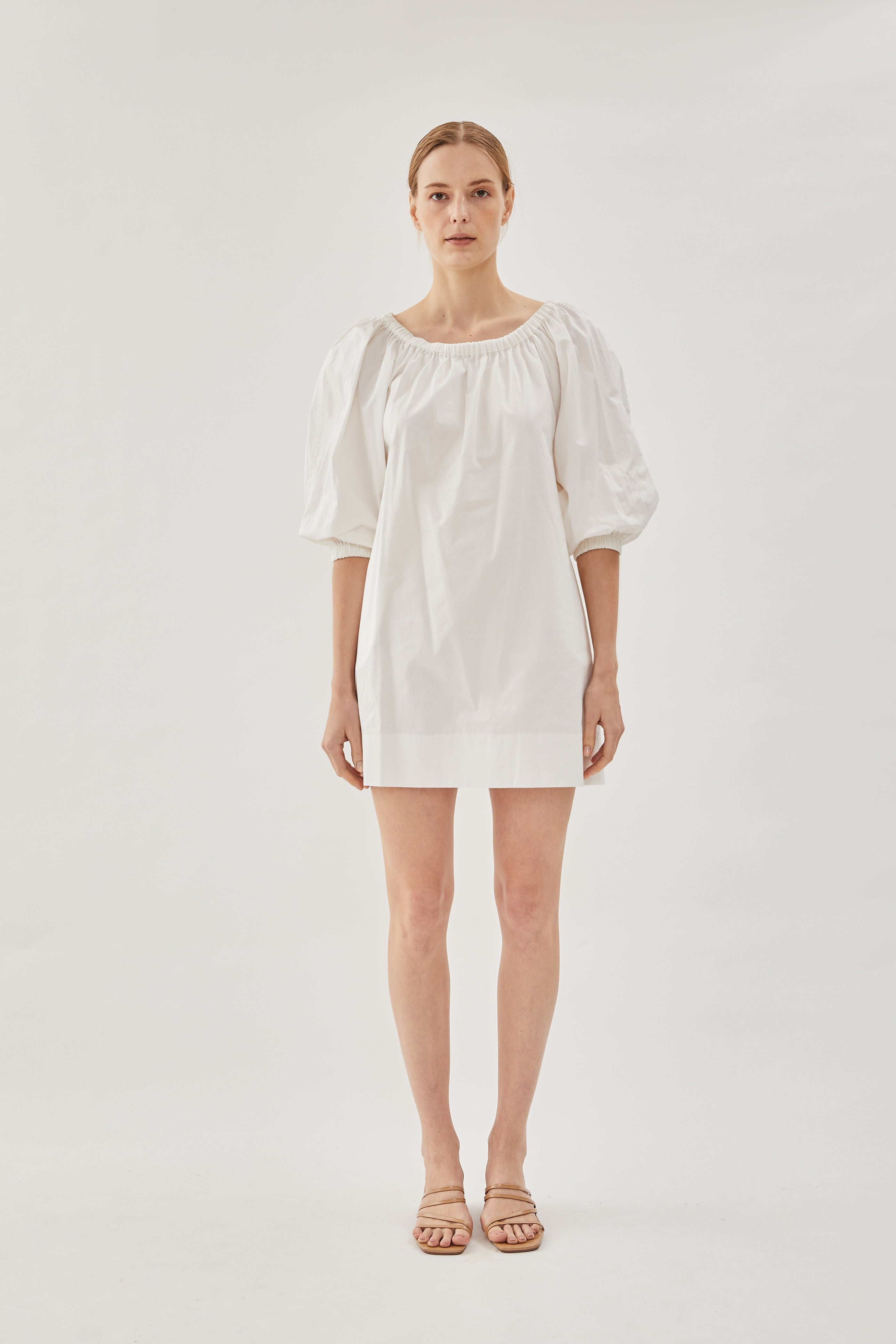 Cotton Gathered Dress in White