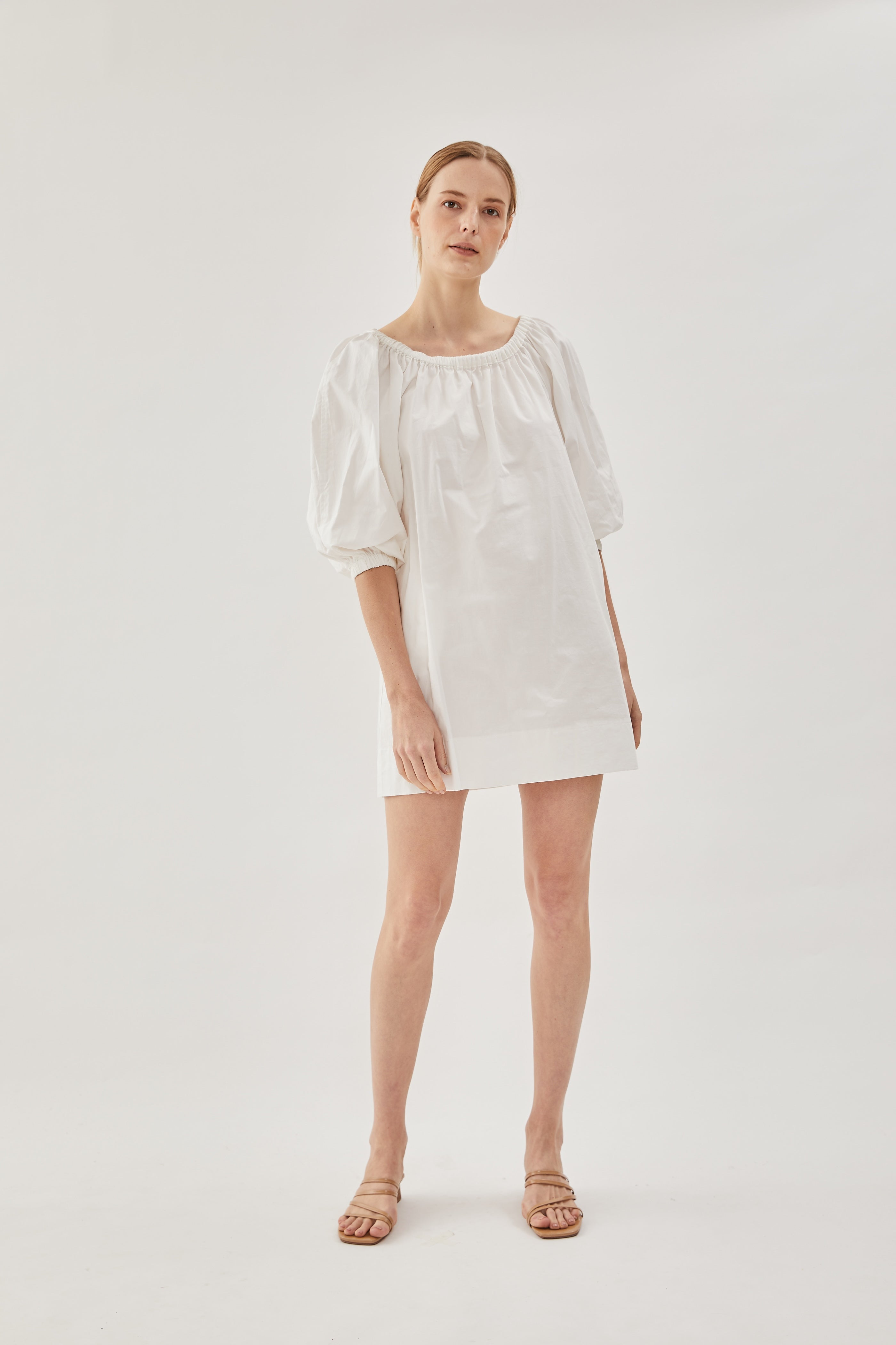 Cotton Gathered Dress in White