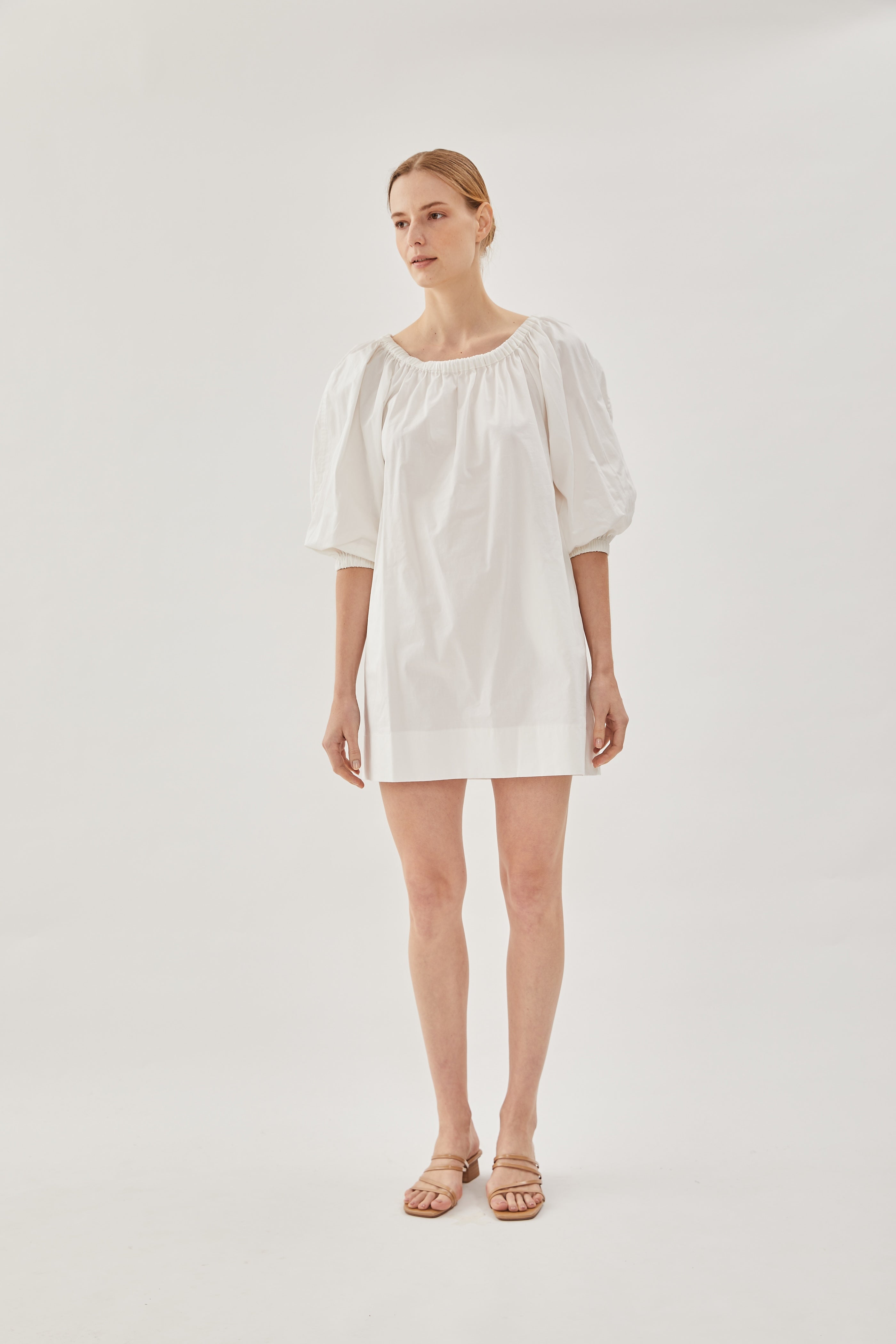 Cotton Gathered Dress in White