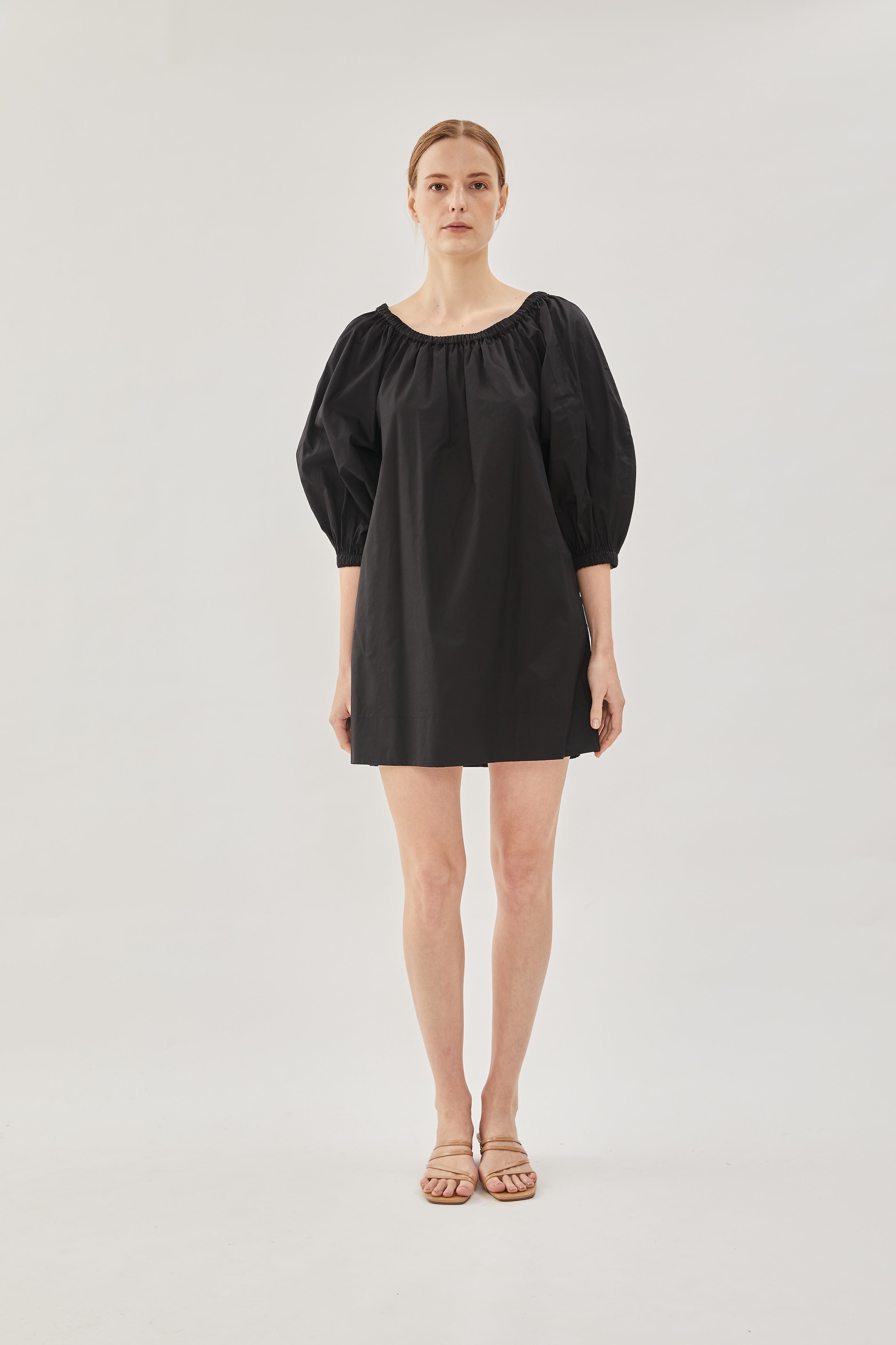 Cotton Gathered Dress in Black