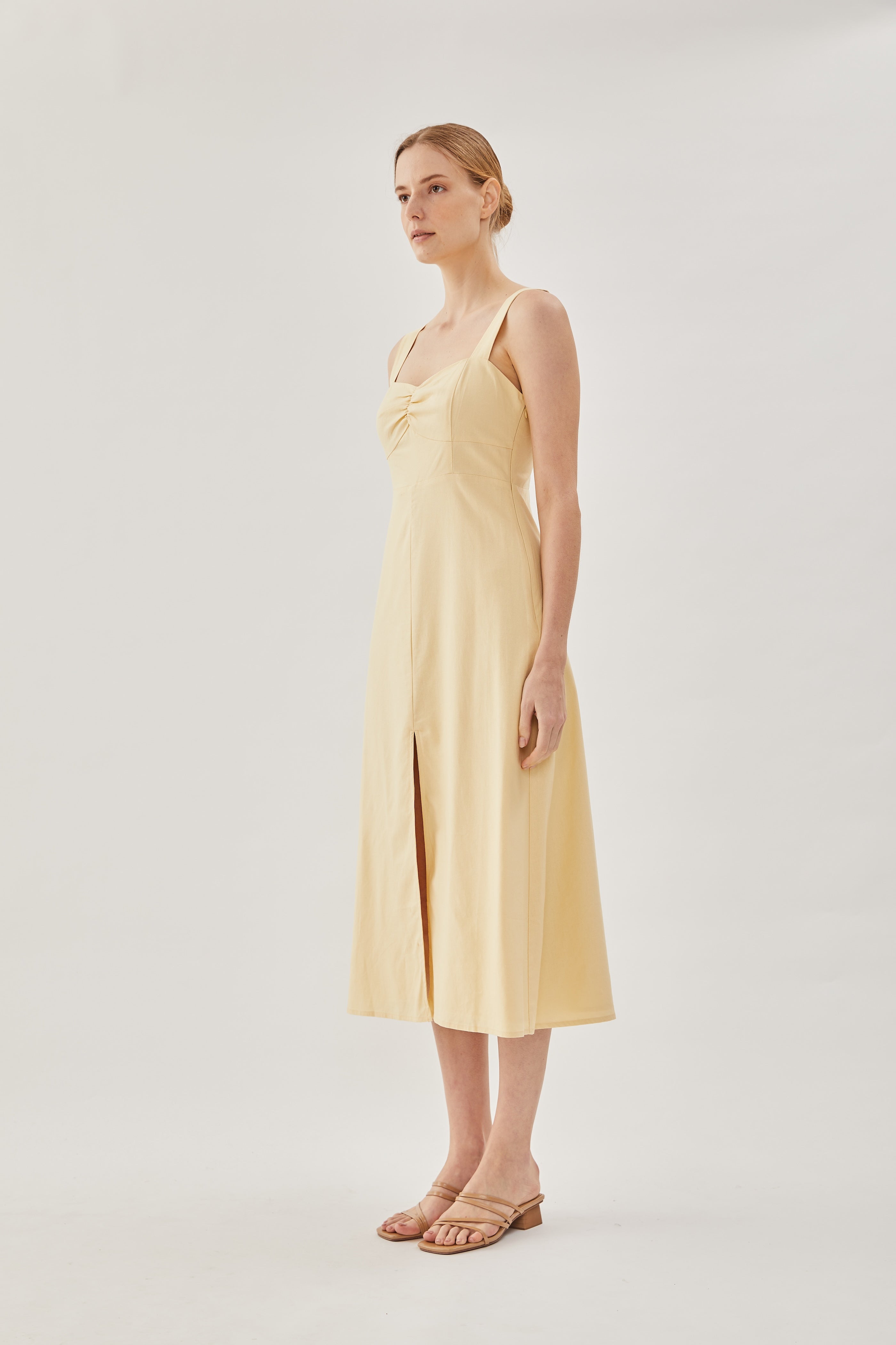 Linen Midi Dress in Soft Yellow