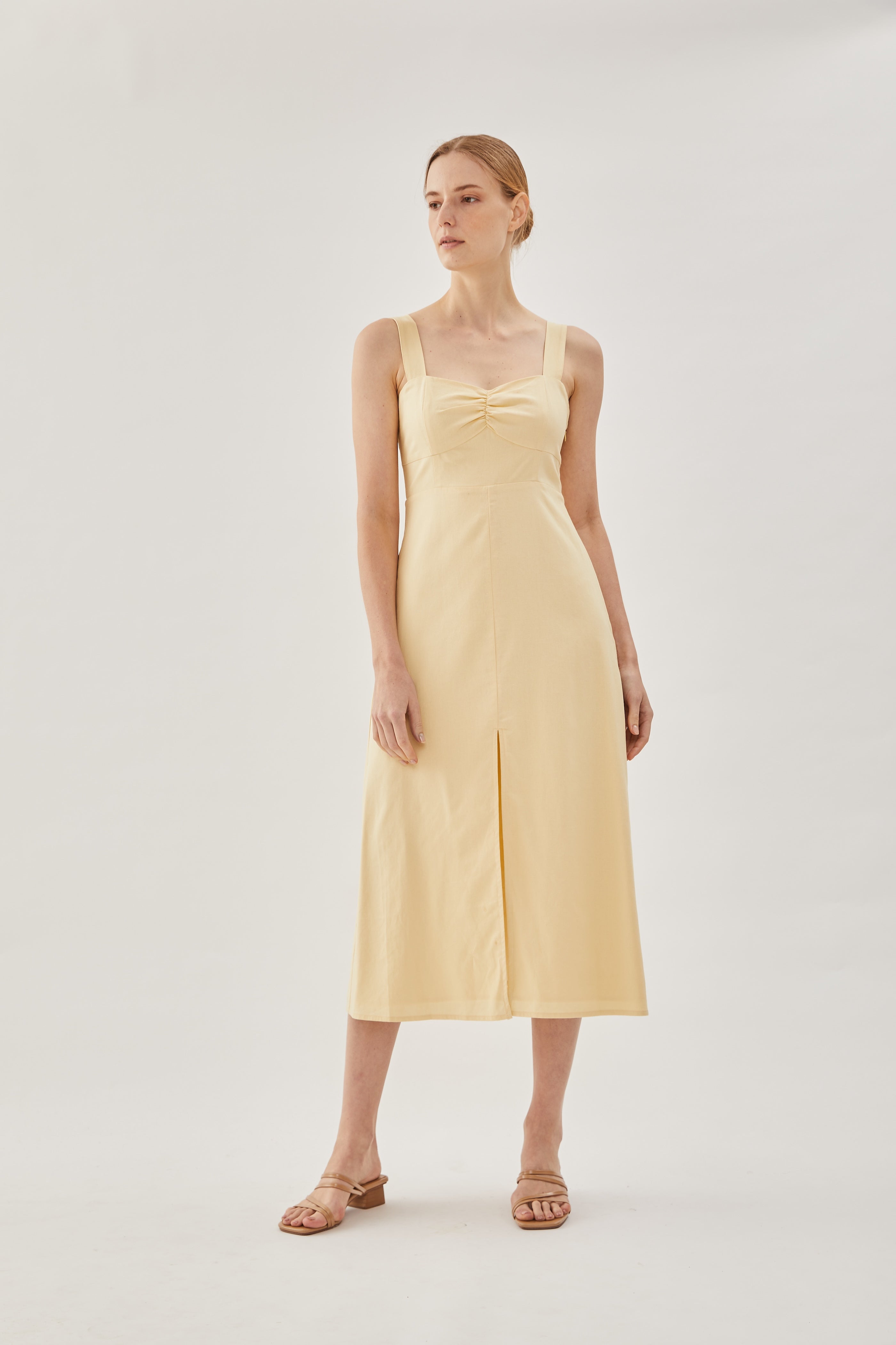 Linen Midi Dress in Soft Yellow