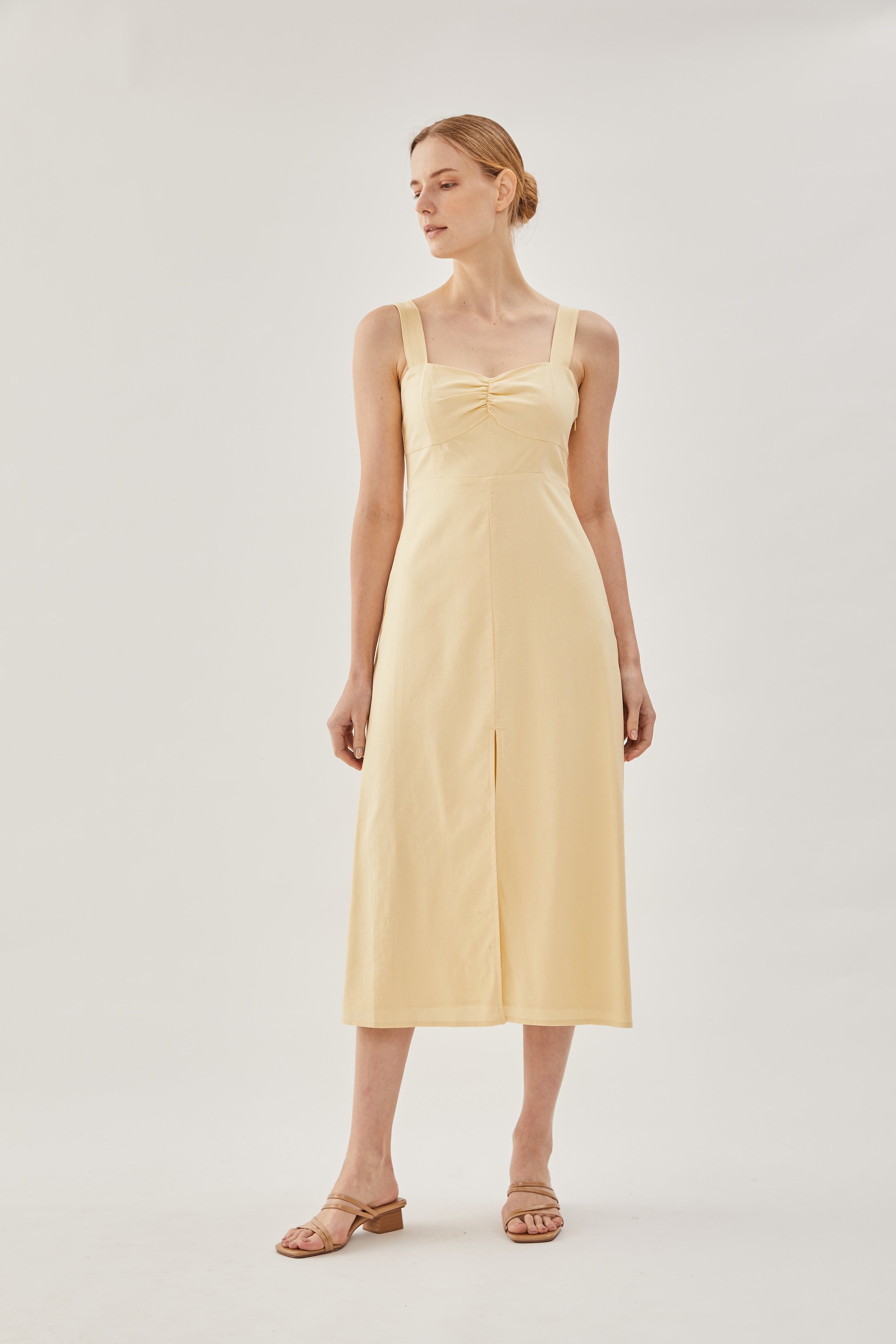 Linen Midi Dress in Soft Yellow