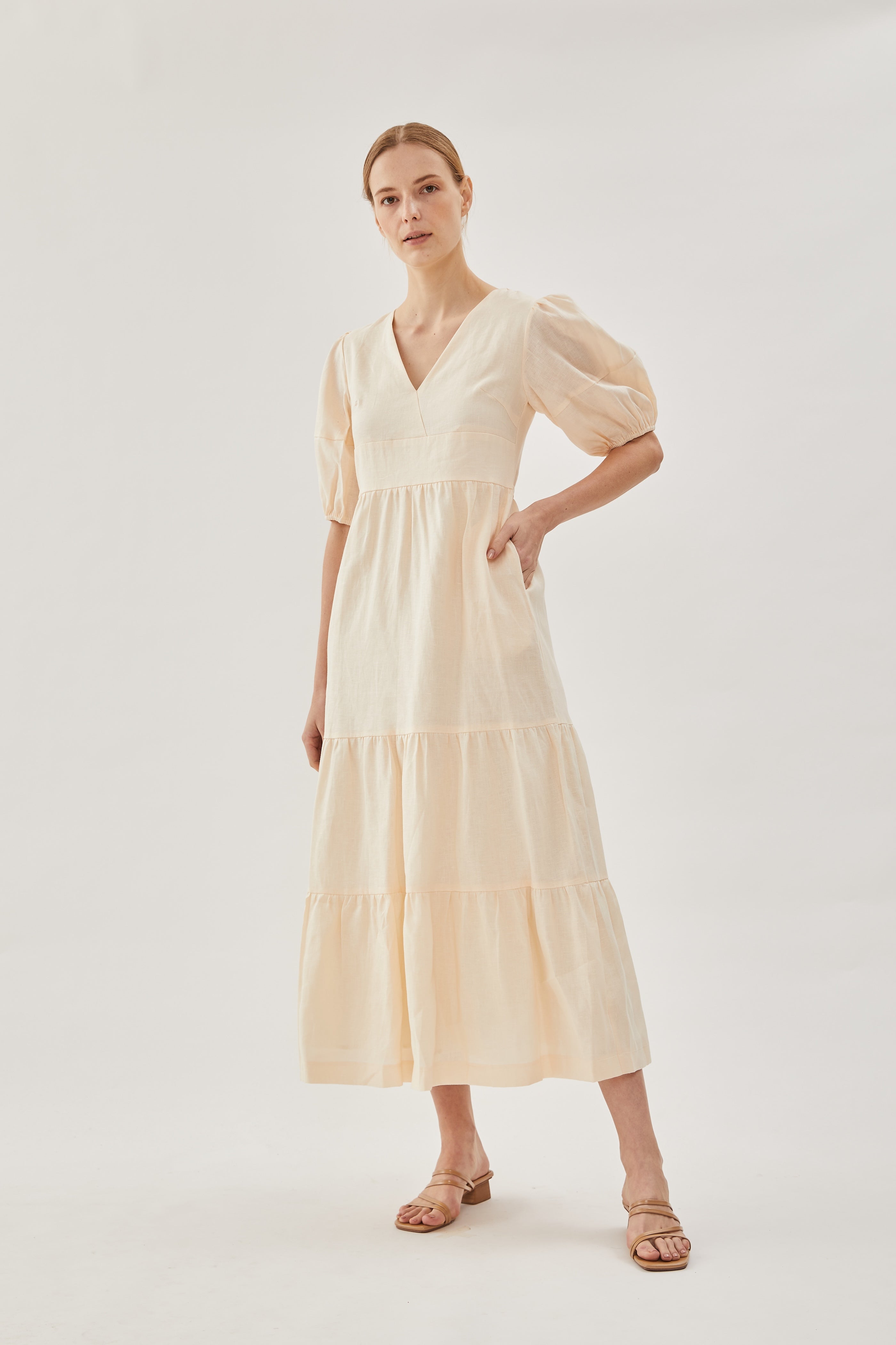 Linen Tiered Maxi Dress in Shell
