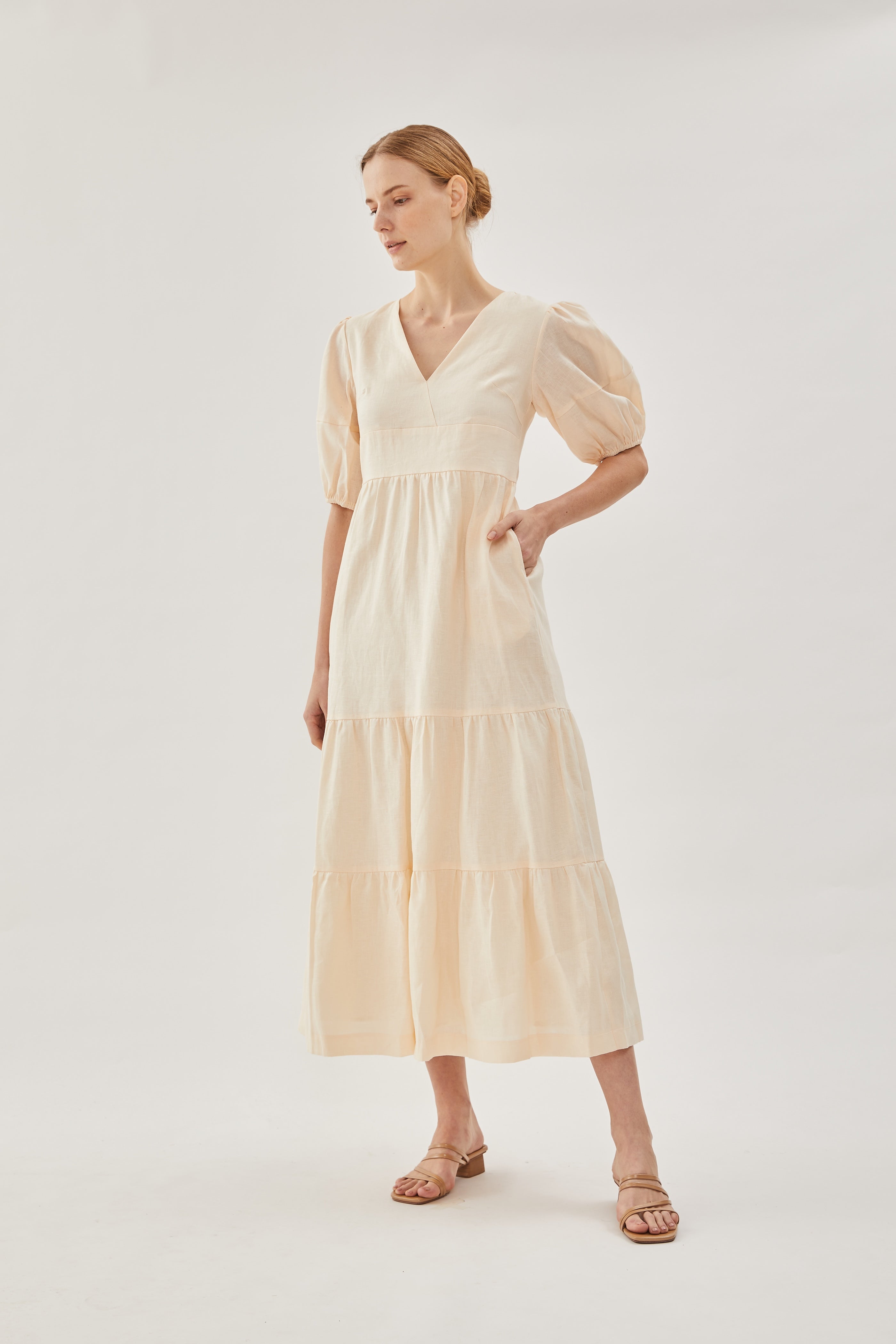 Linen Tiered Maxi Dress in Shell