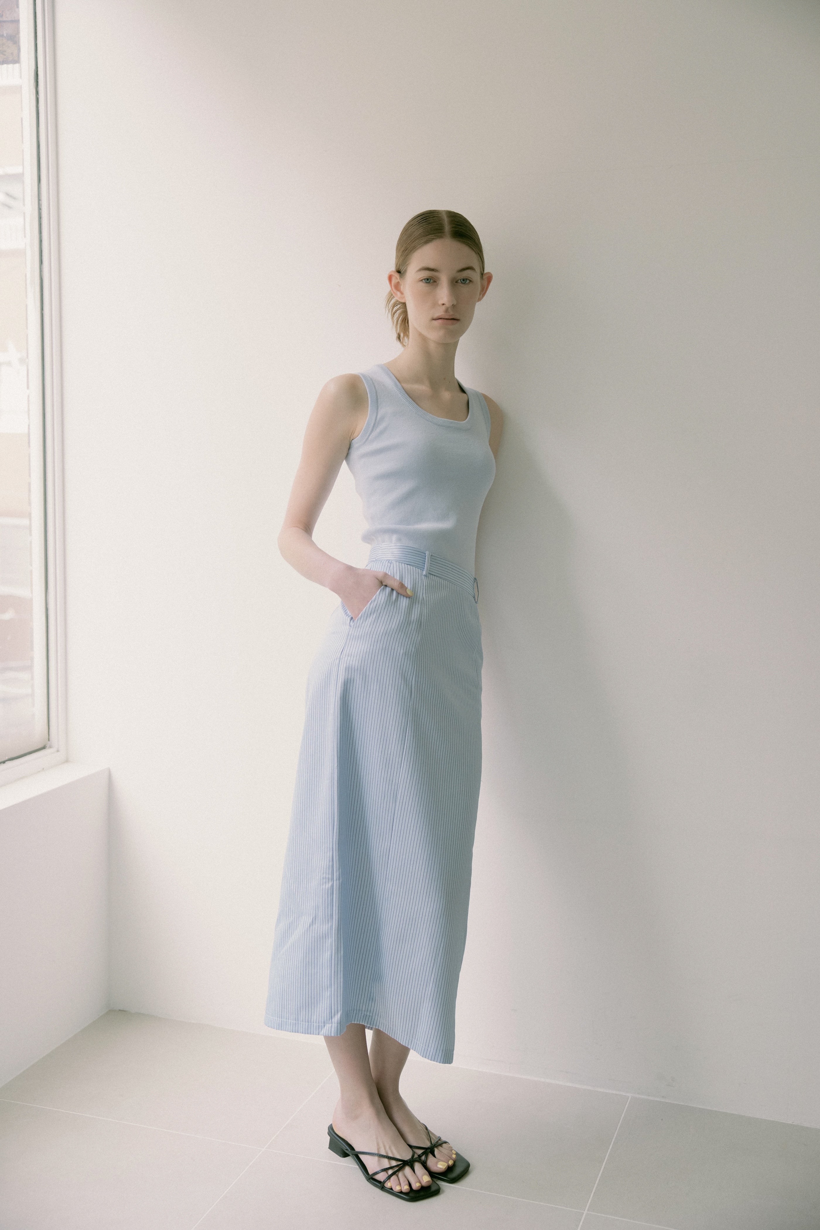 Straight Midi Skirt in Light Blue Stripes