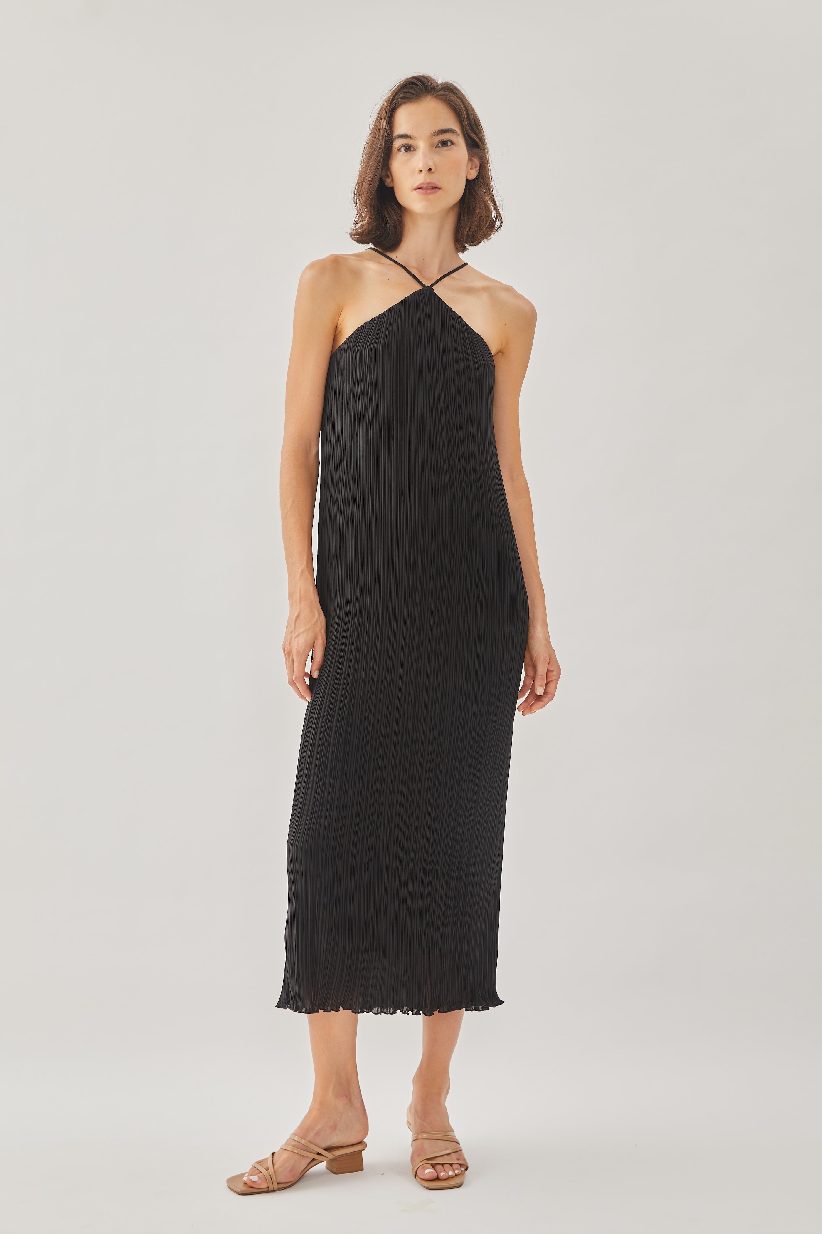 Halter Pleated Maxi Dress in Black