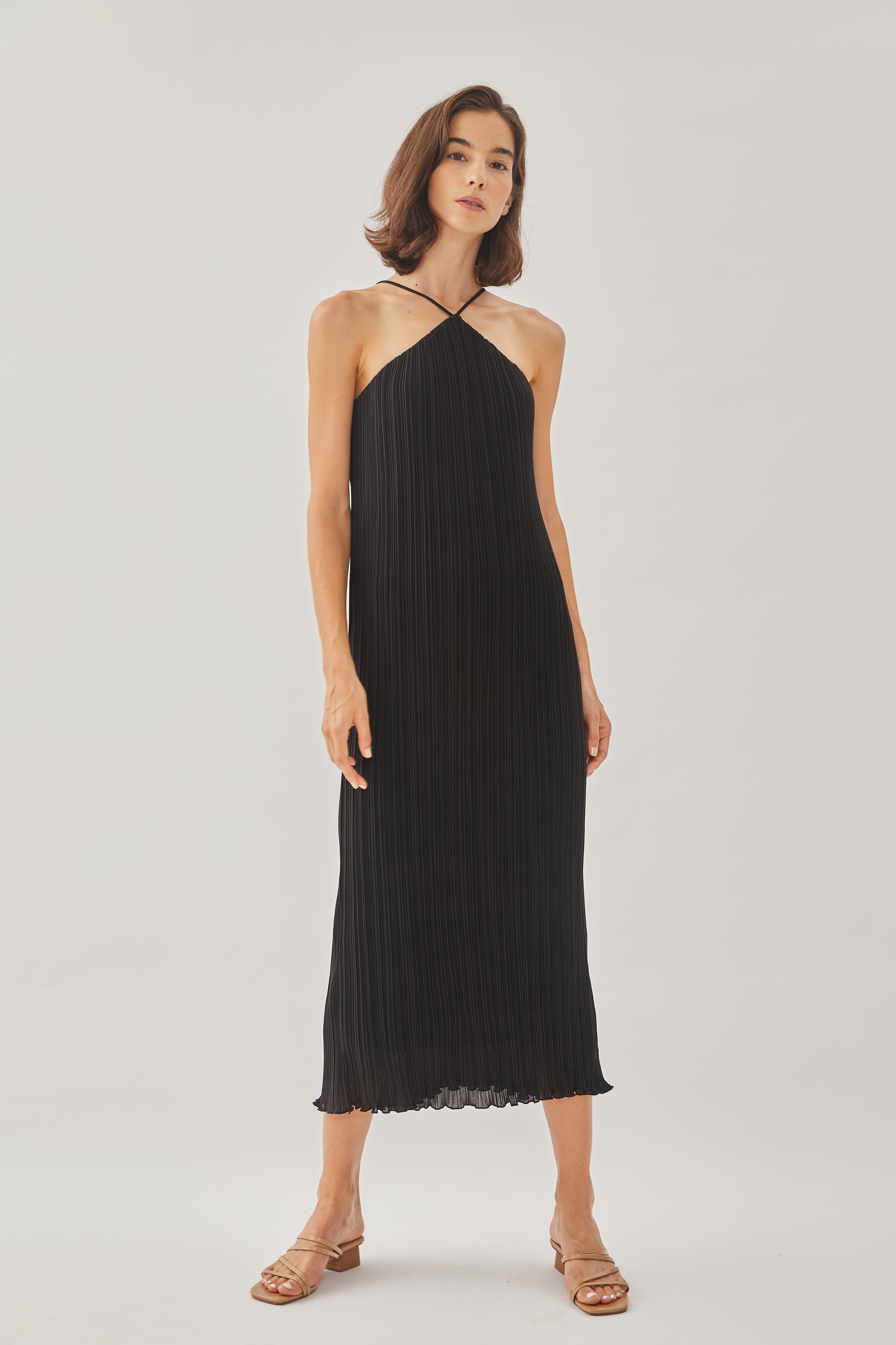 Halter Pleated Maxi Dress in Black