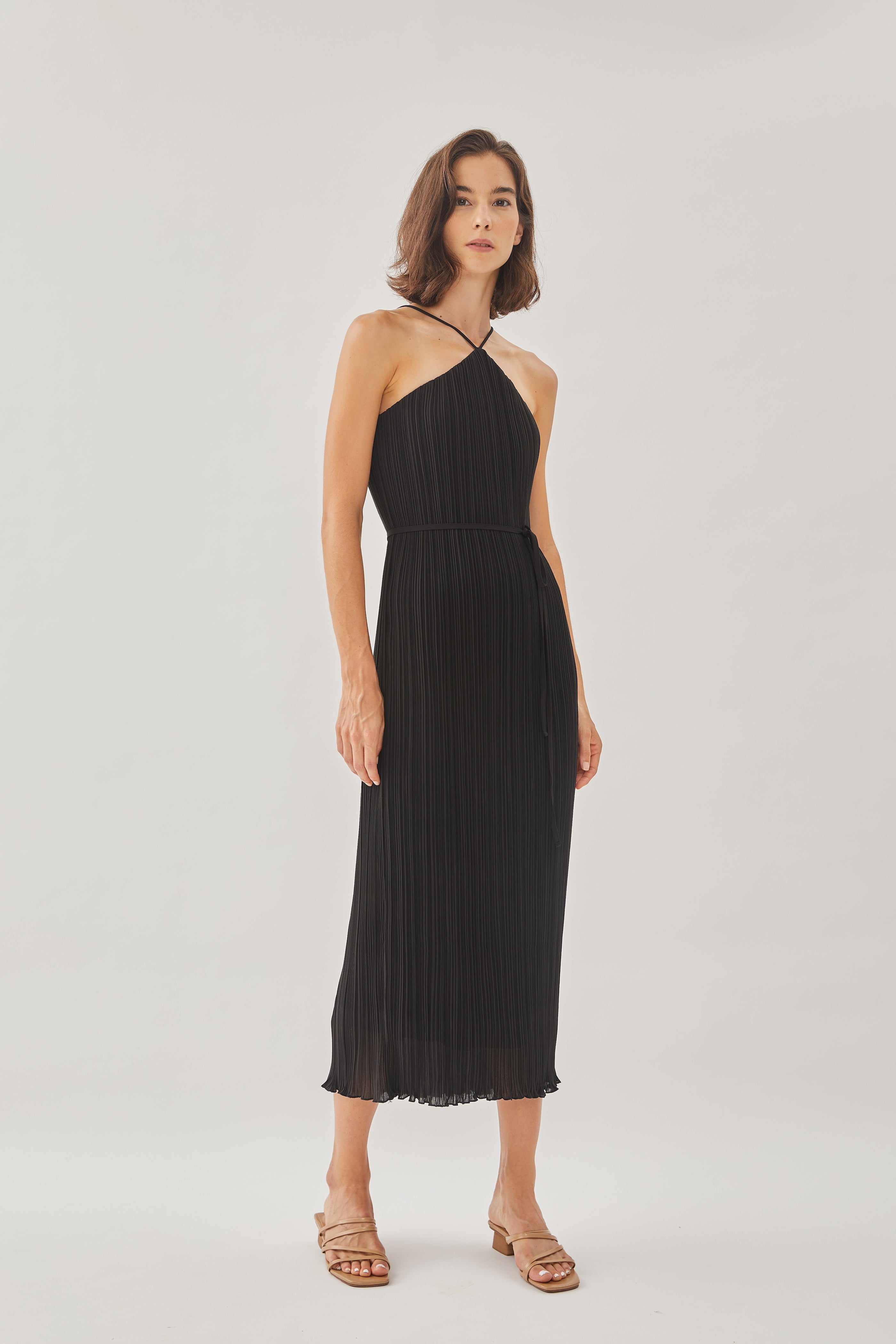 Halter Pleated Maxi Dress in Black