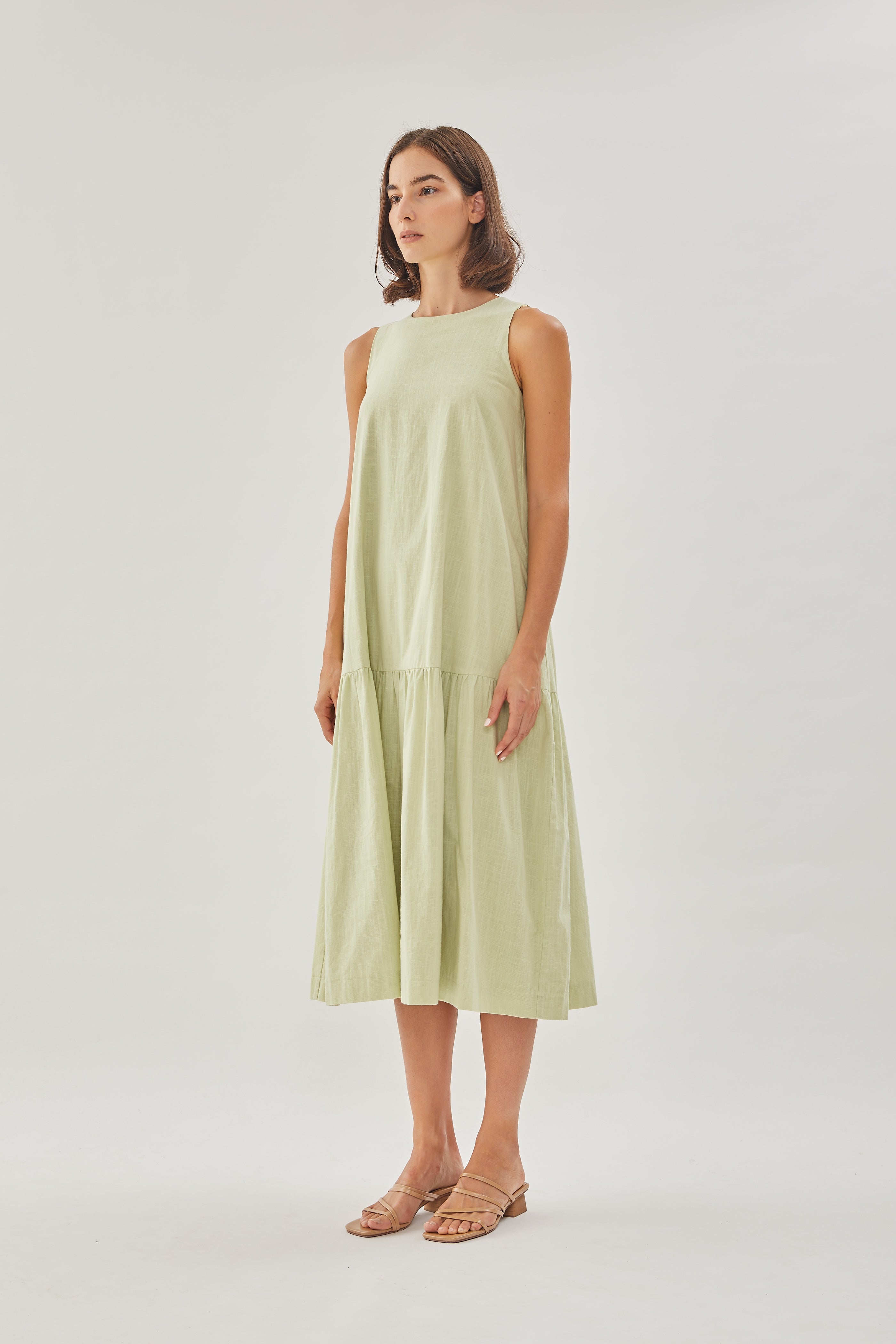 Linen Tiered Dress in Soft Green