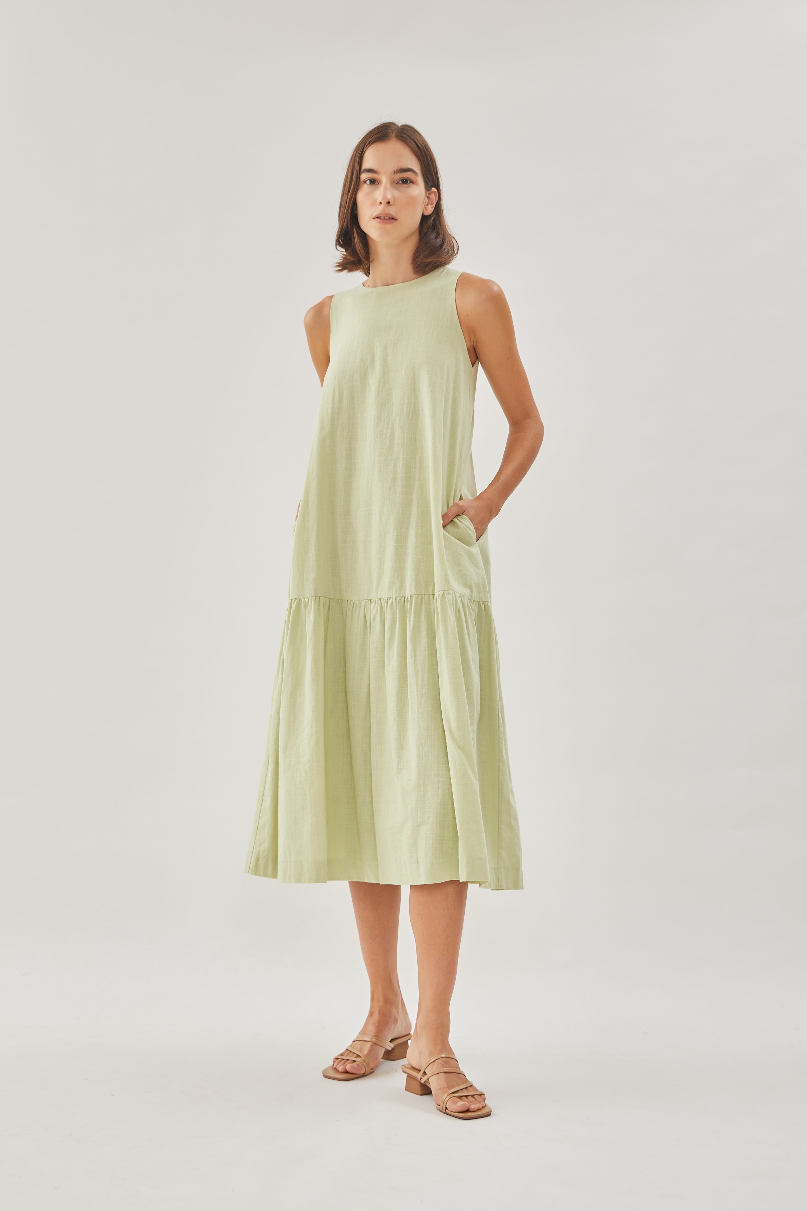 Linen Tiered Dress in Soft Green