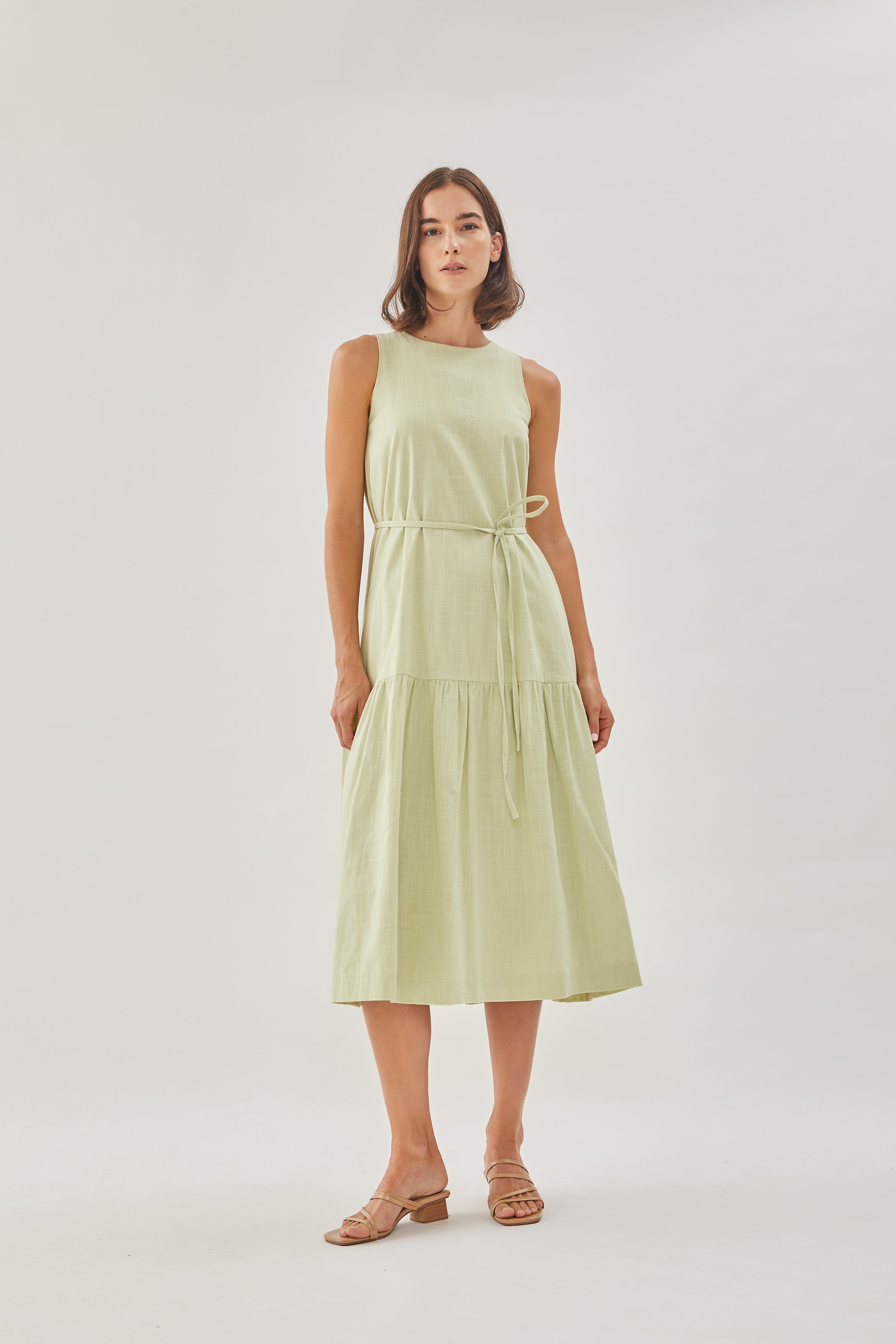Linen Tiered Dress in Soft Green