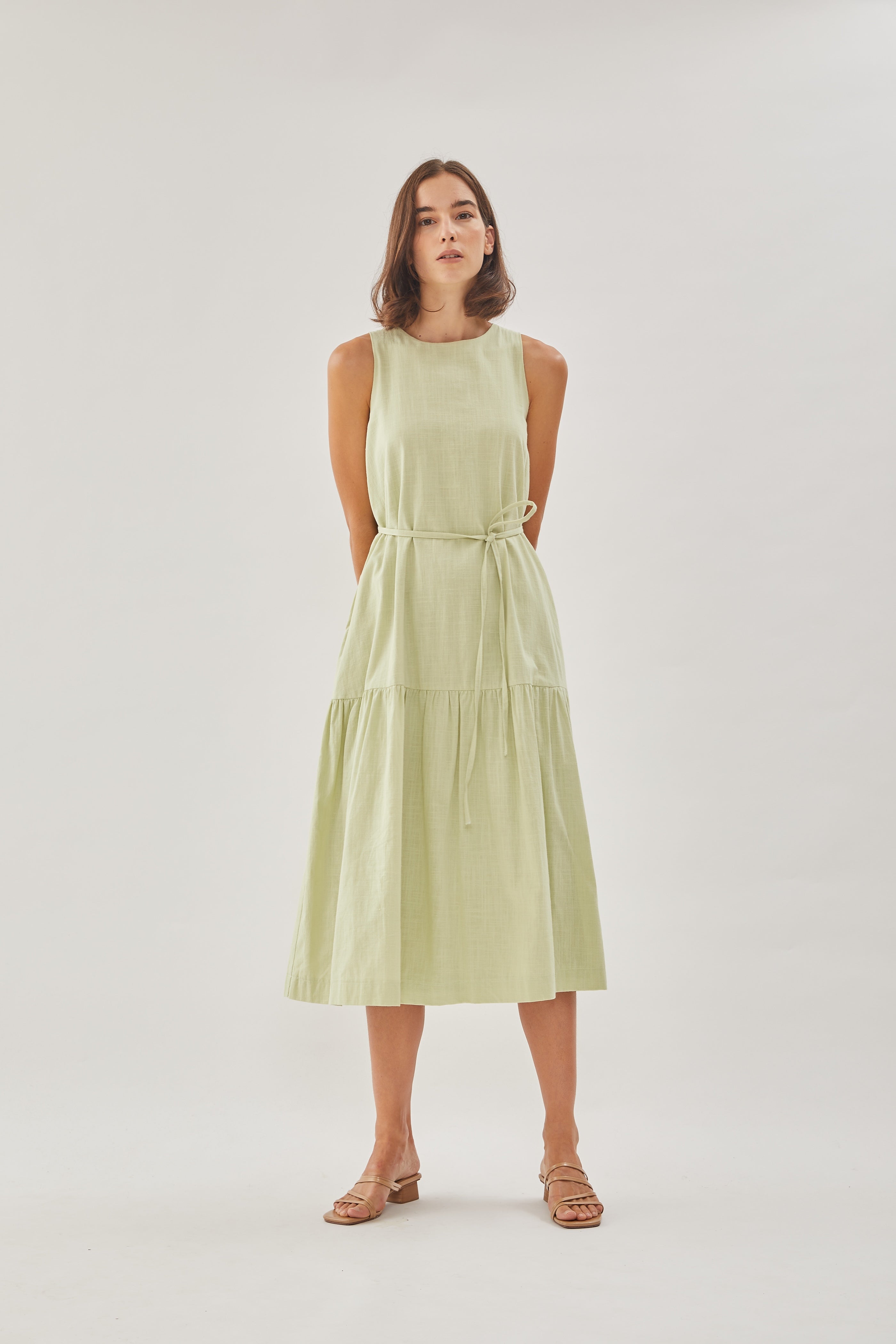Linen Tiered Dress in Soft Green