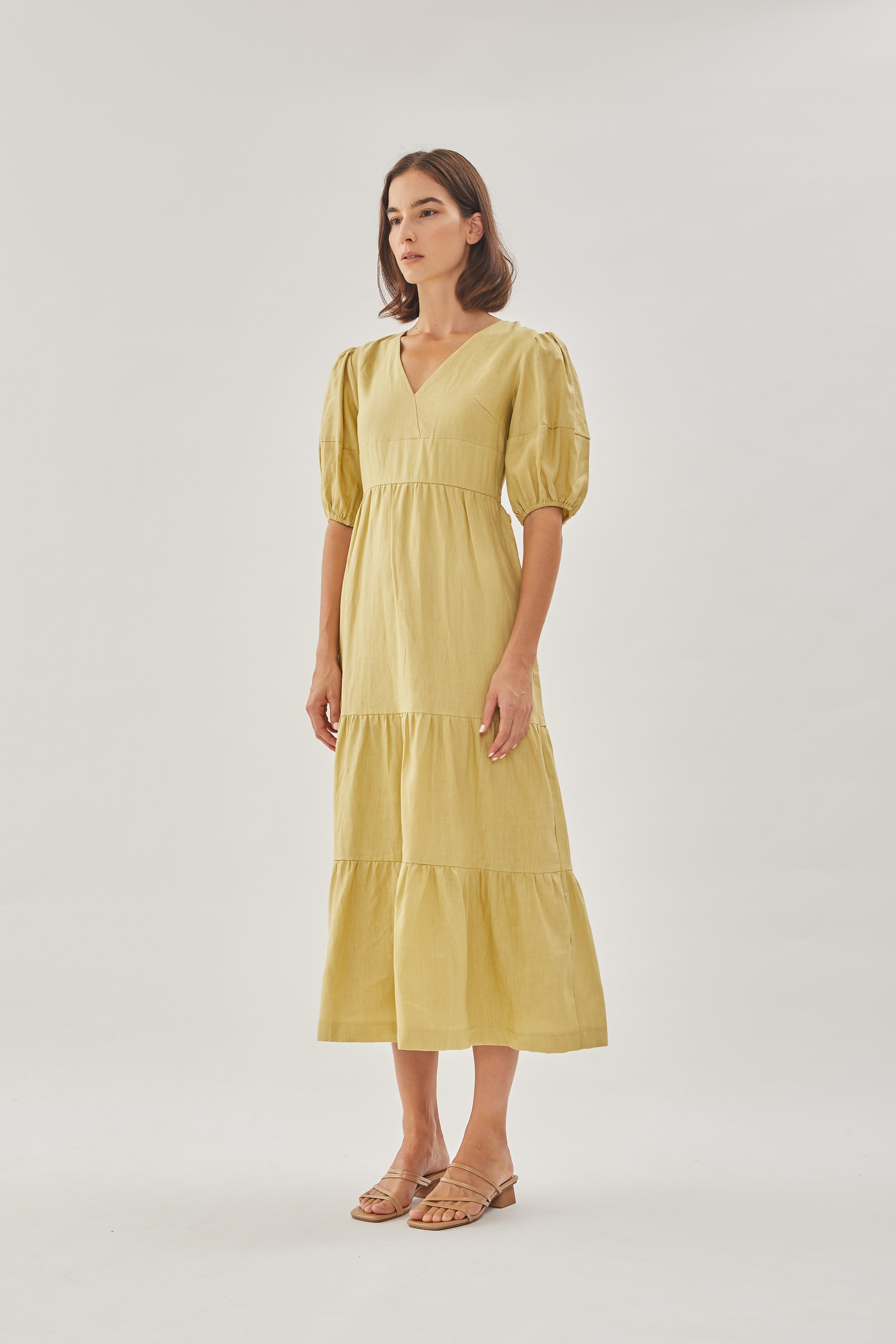 Linen Tiered Maxi Dress in Light Moss