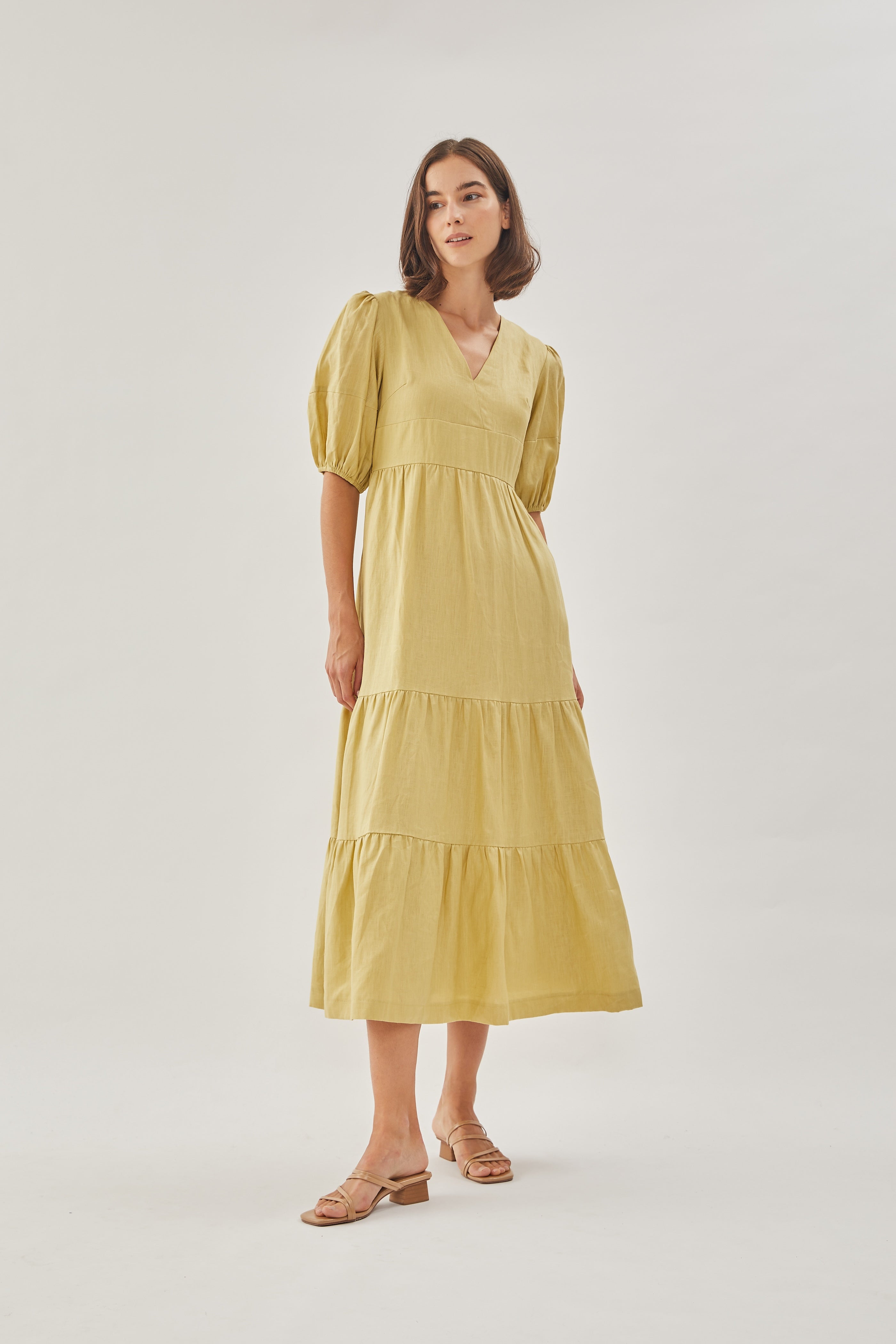 Linen Tiered Maxi Dress in Light Moss