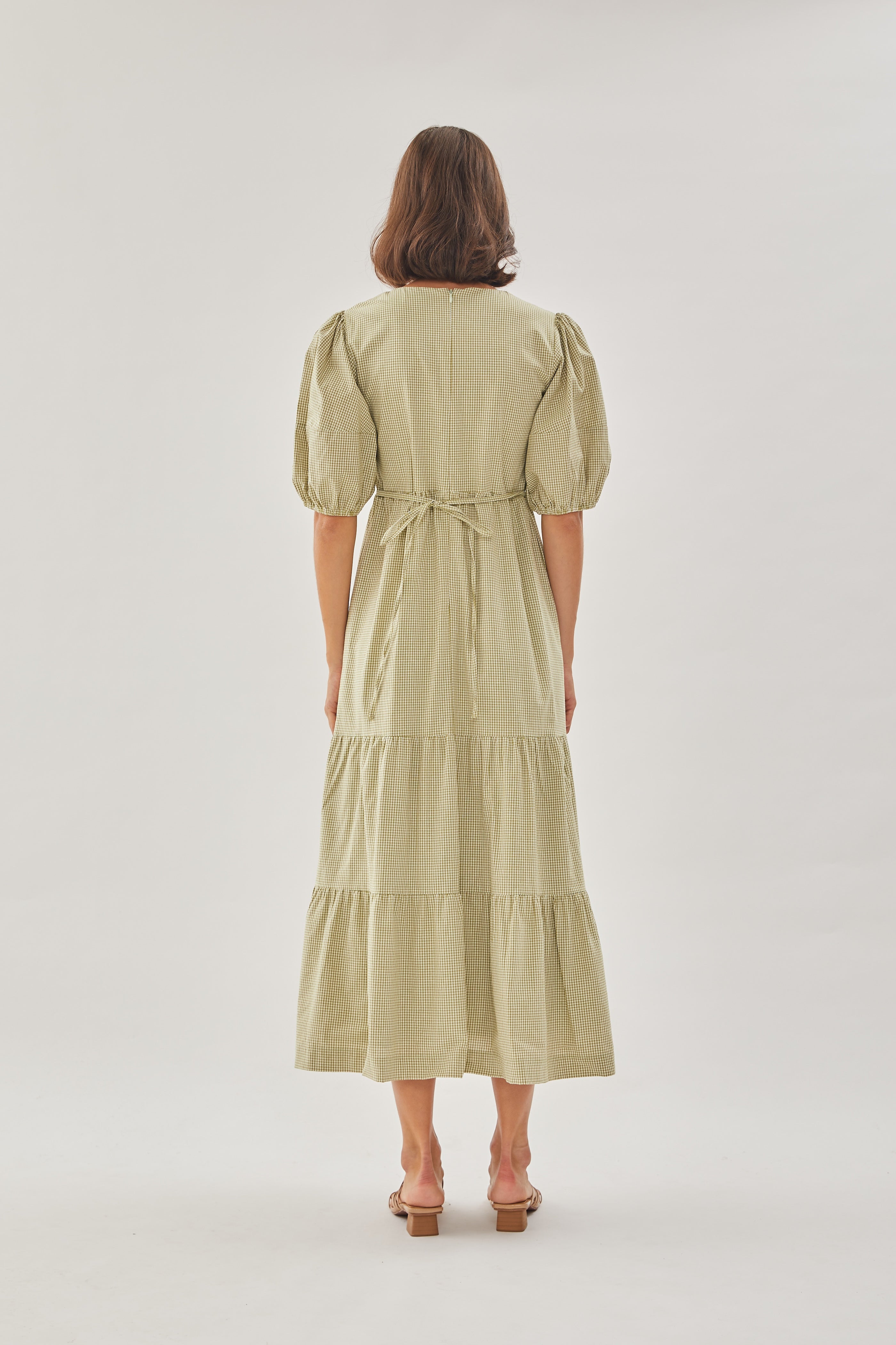 Cotton Tiered Maxi Dress in Checkered Olive