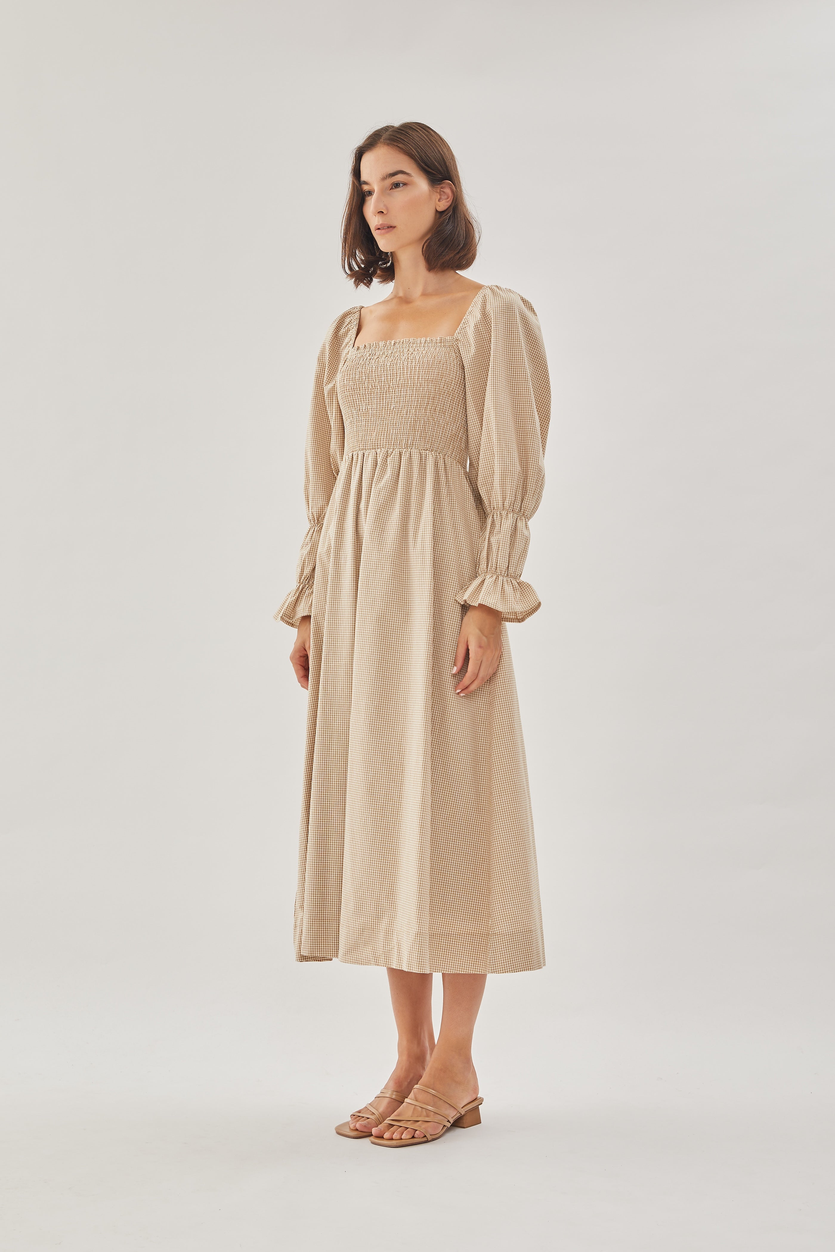 Cotton Shirred Dress in Checkered Sand