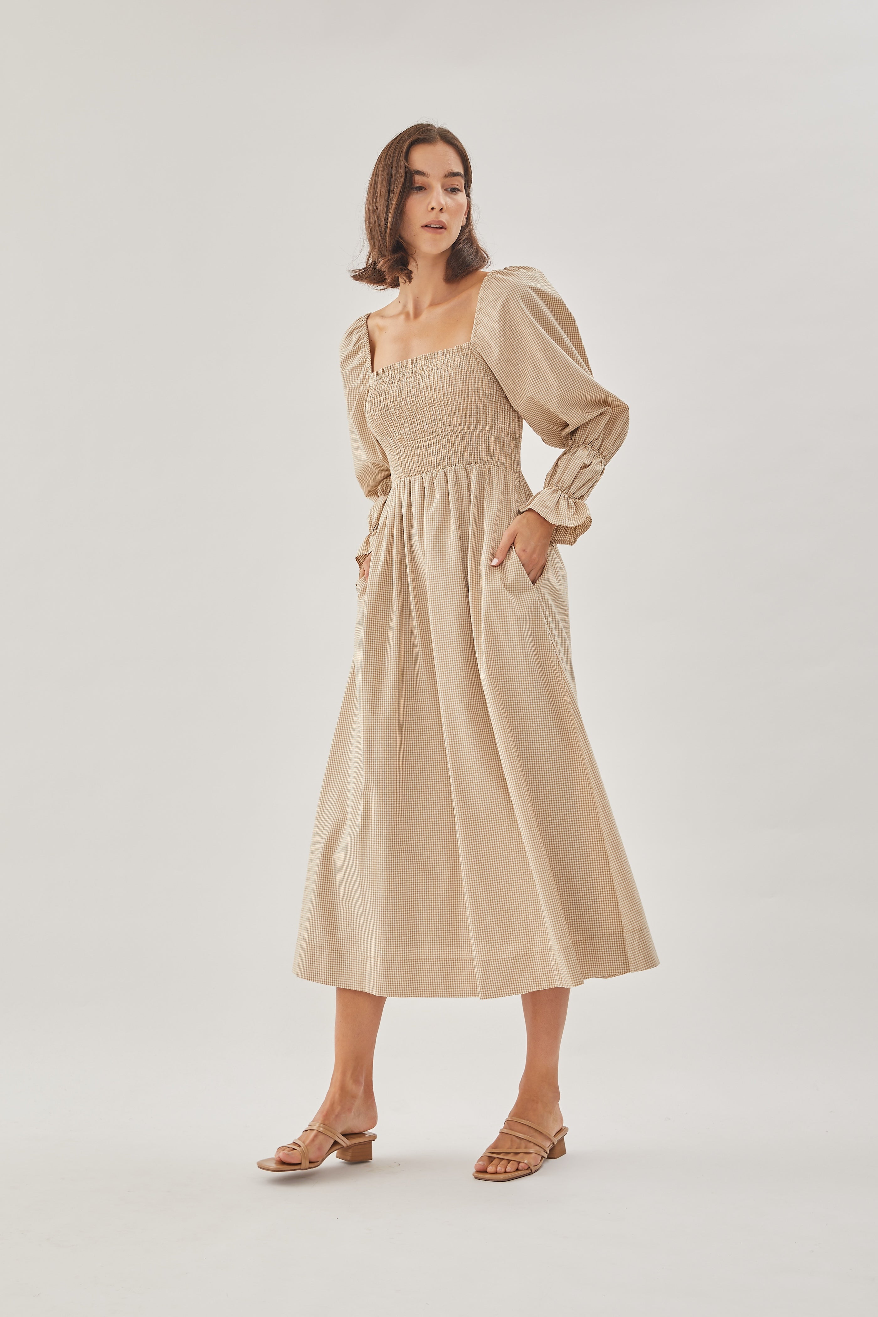 Cotton Shirred Dress in Checkered Sand