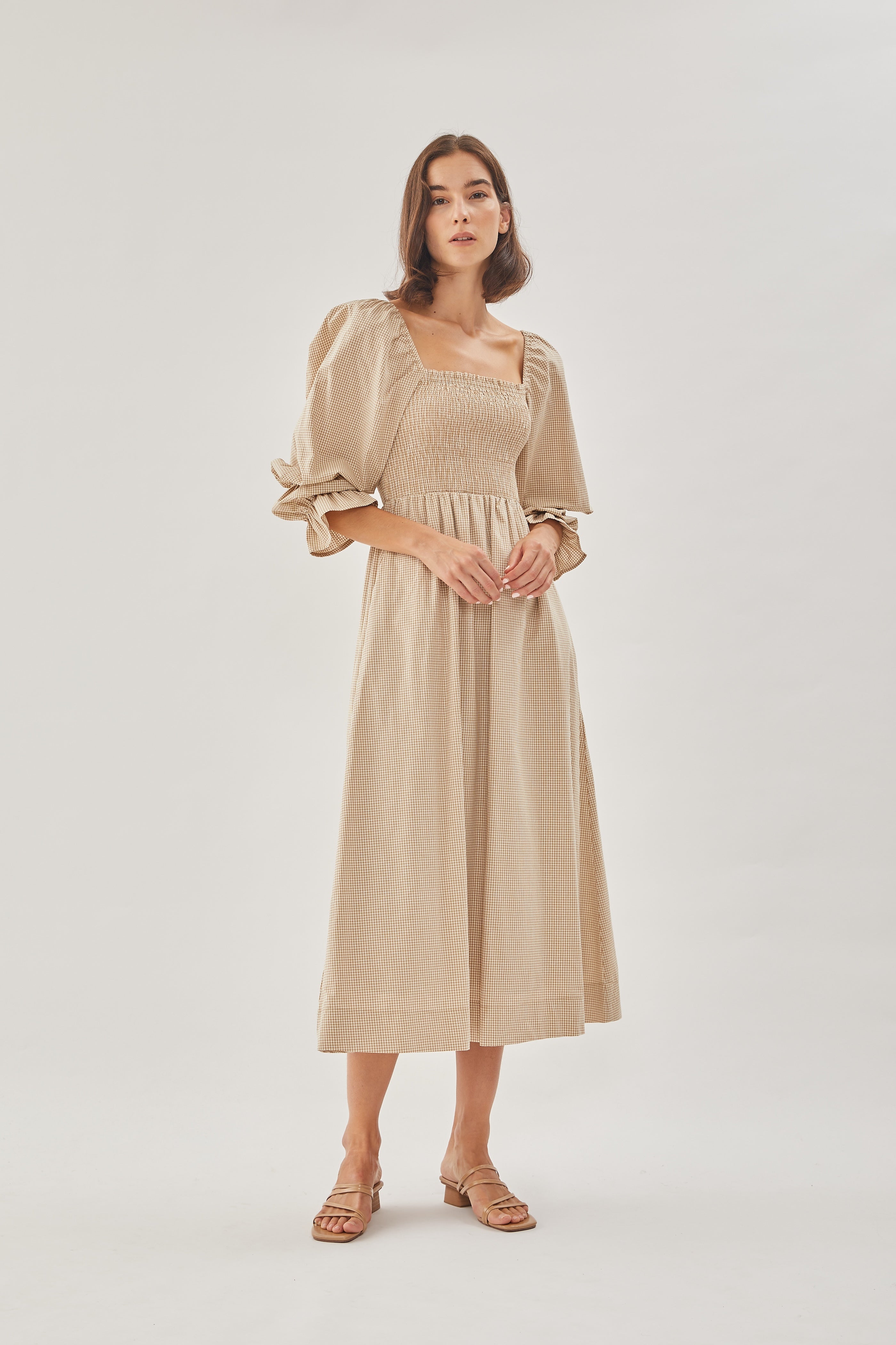 Cotton Shirred Dress in Checkered Sand