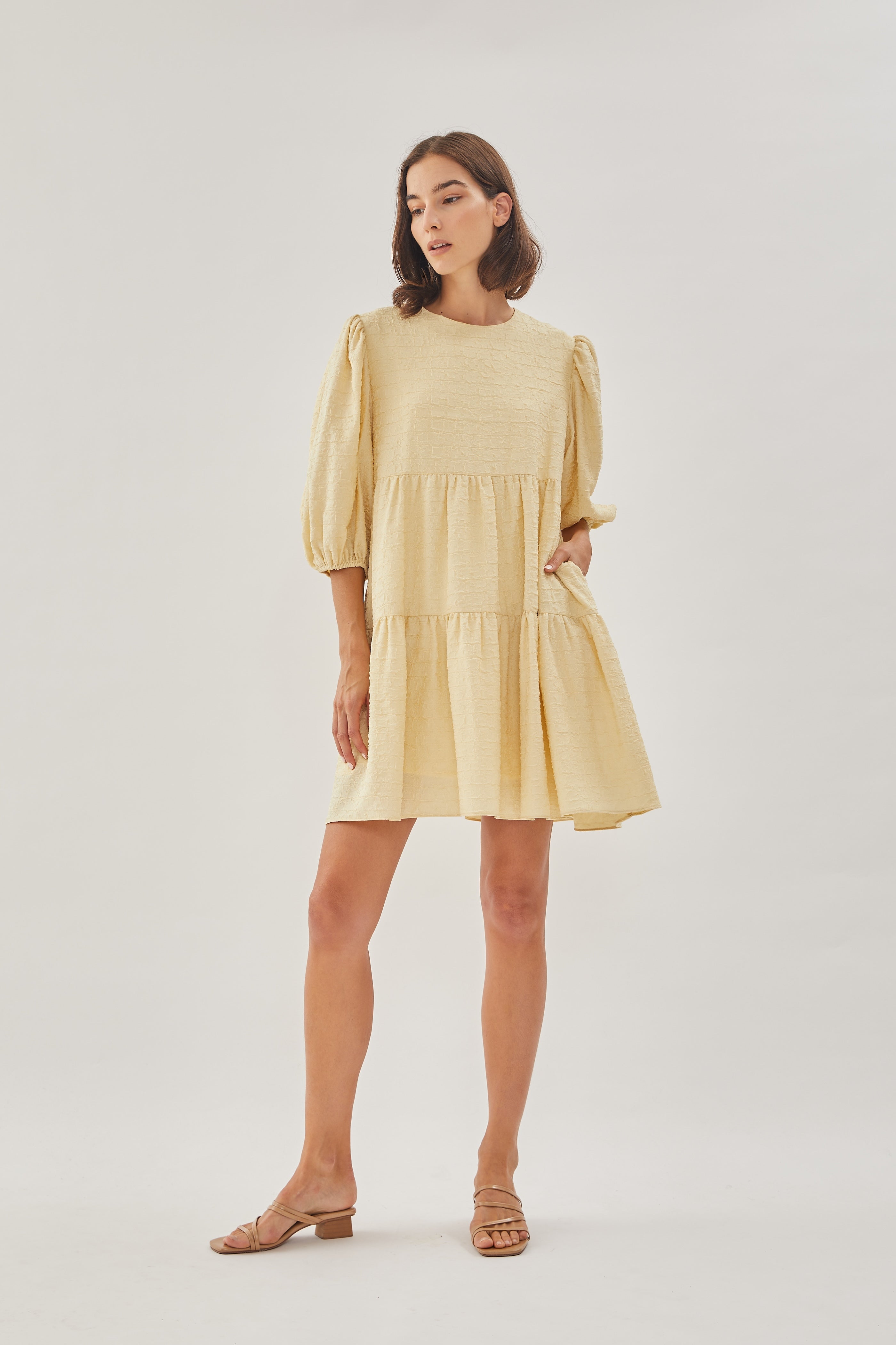 Textured Puffed Sleeved Mini Dress in Yellow