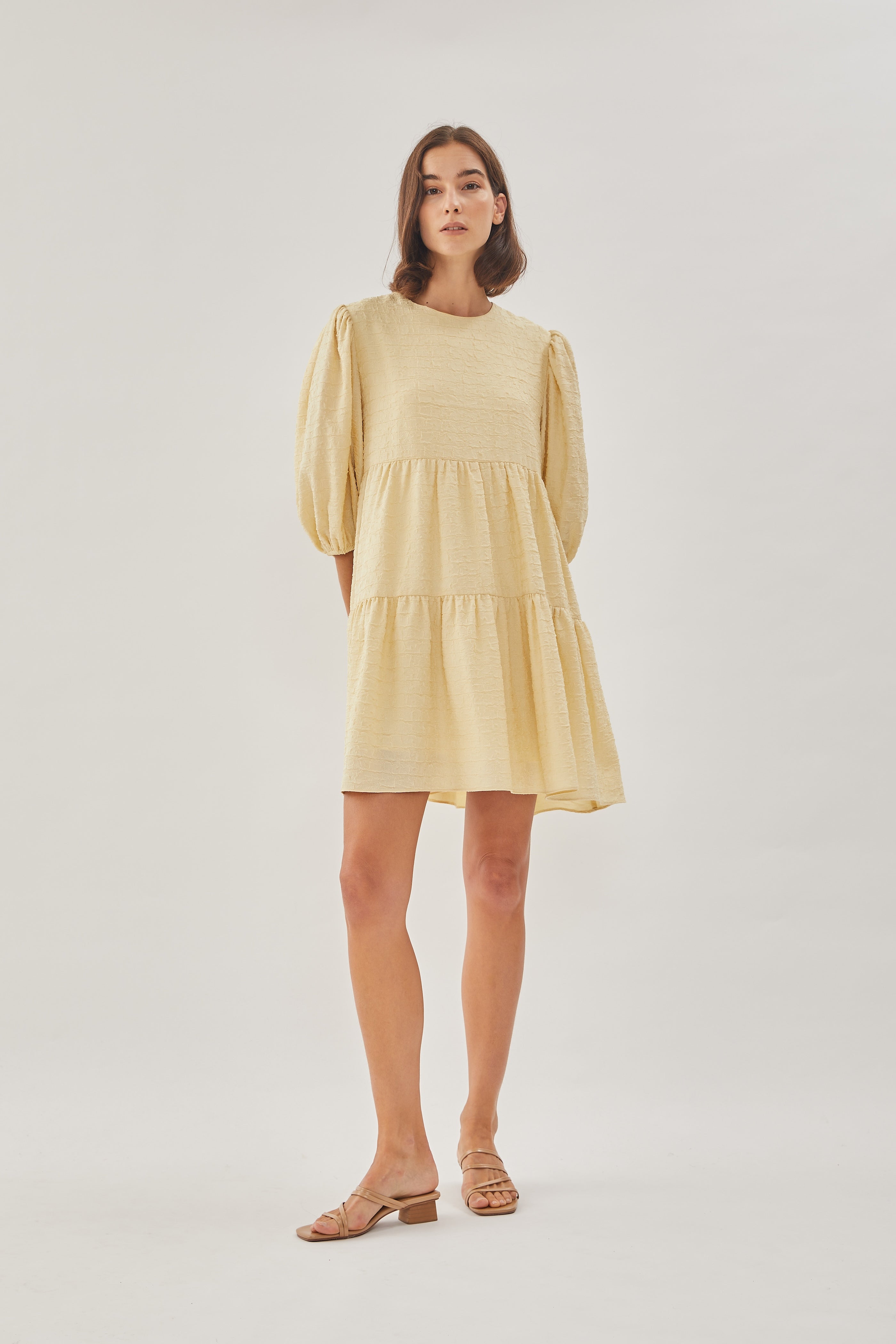 Textured Puffed Sleeved Mini Dress in Yellow