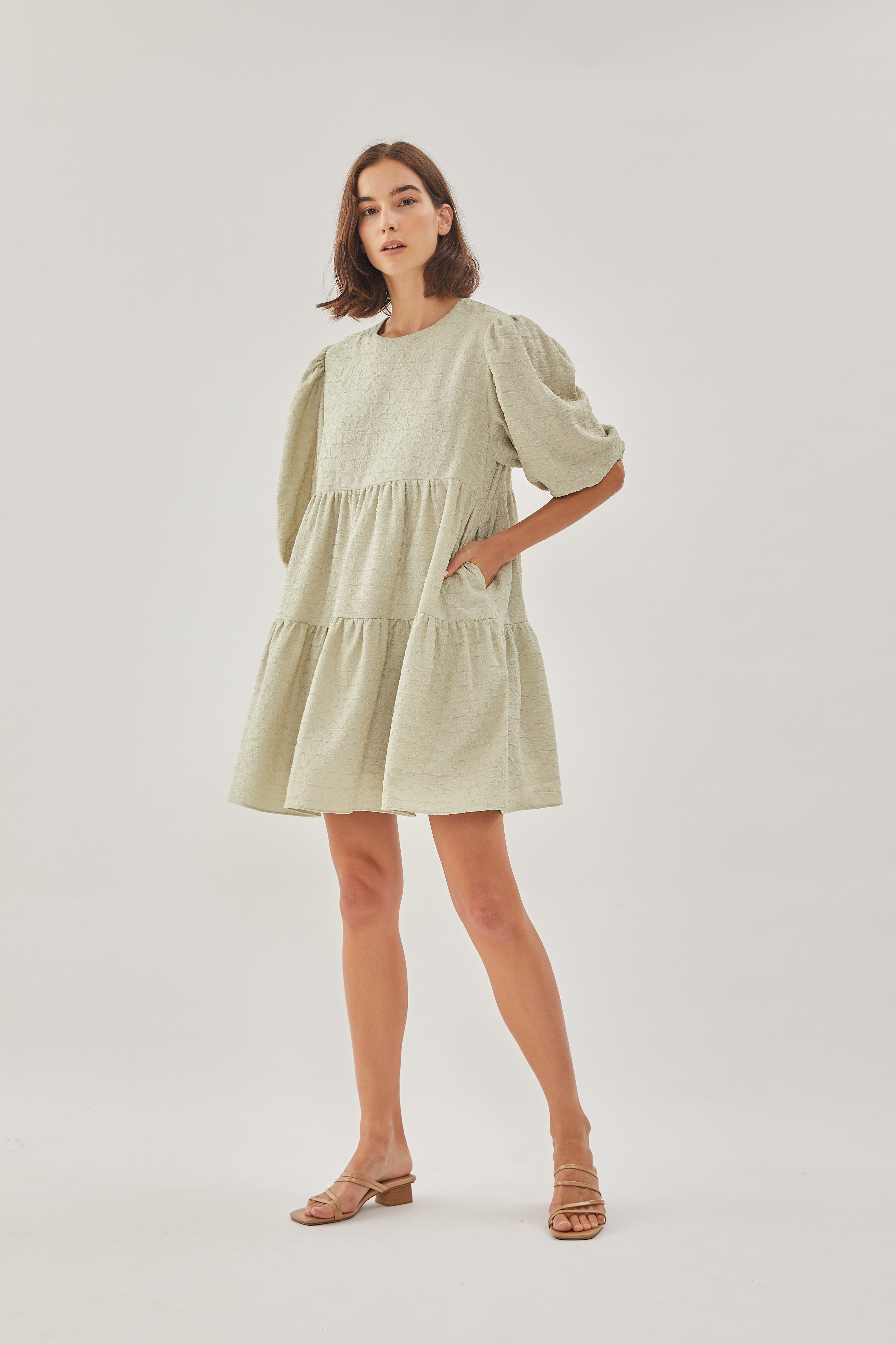 Textured Puffed Sleeved Mini Dress in Sea Mist