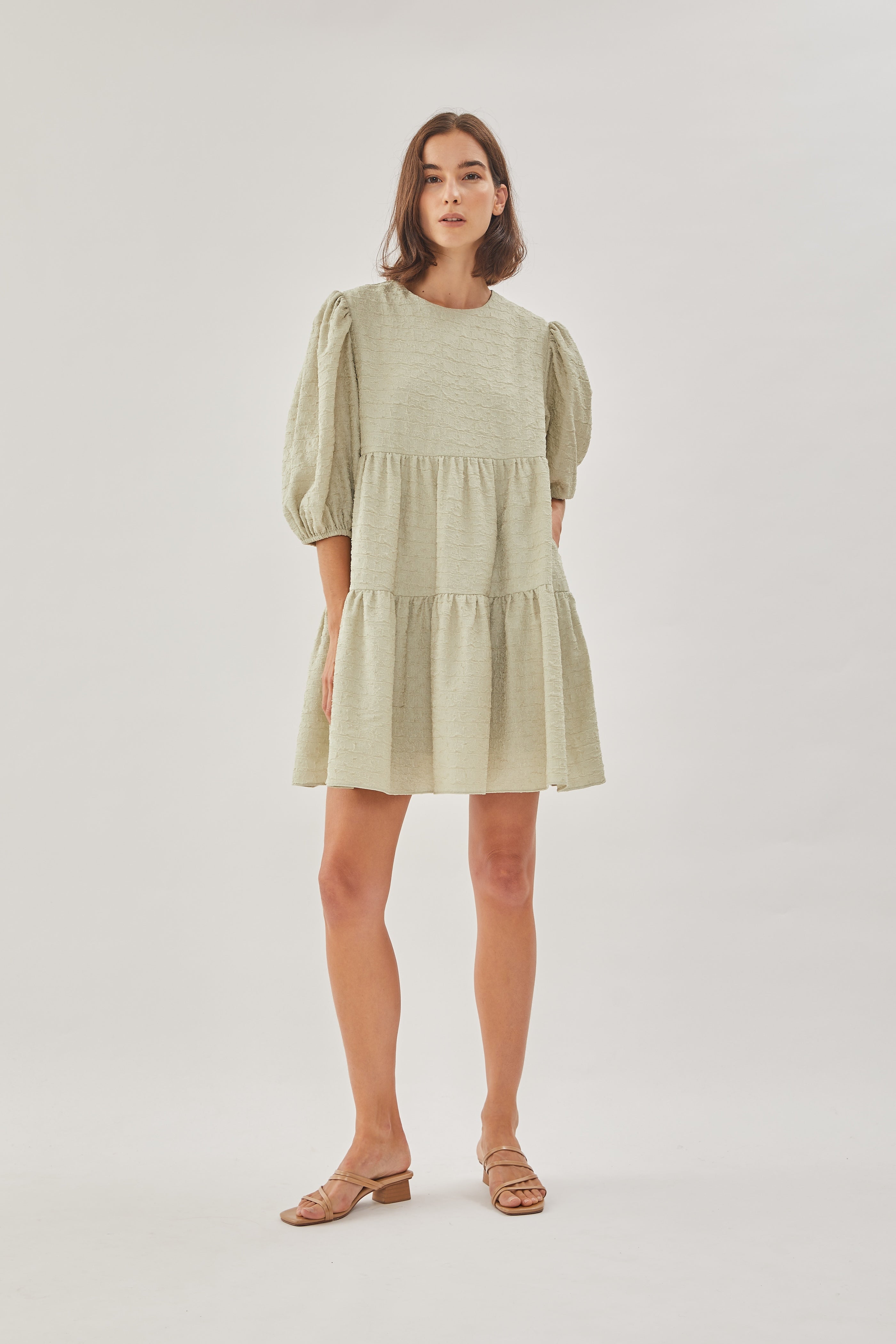 Textured Puffed Sleeved Mini Dress in Sea Mist