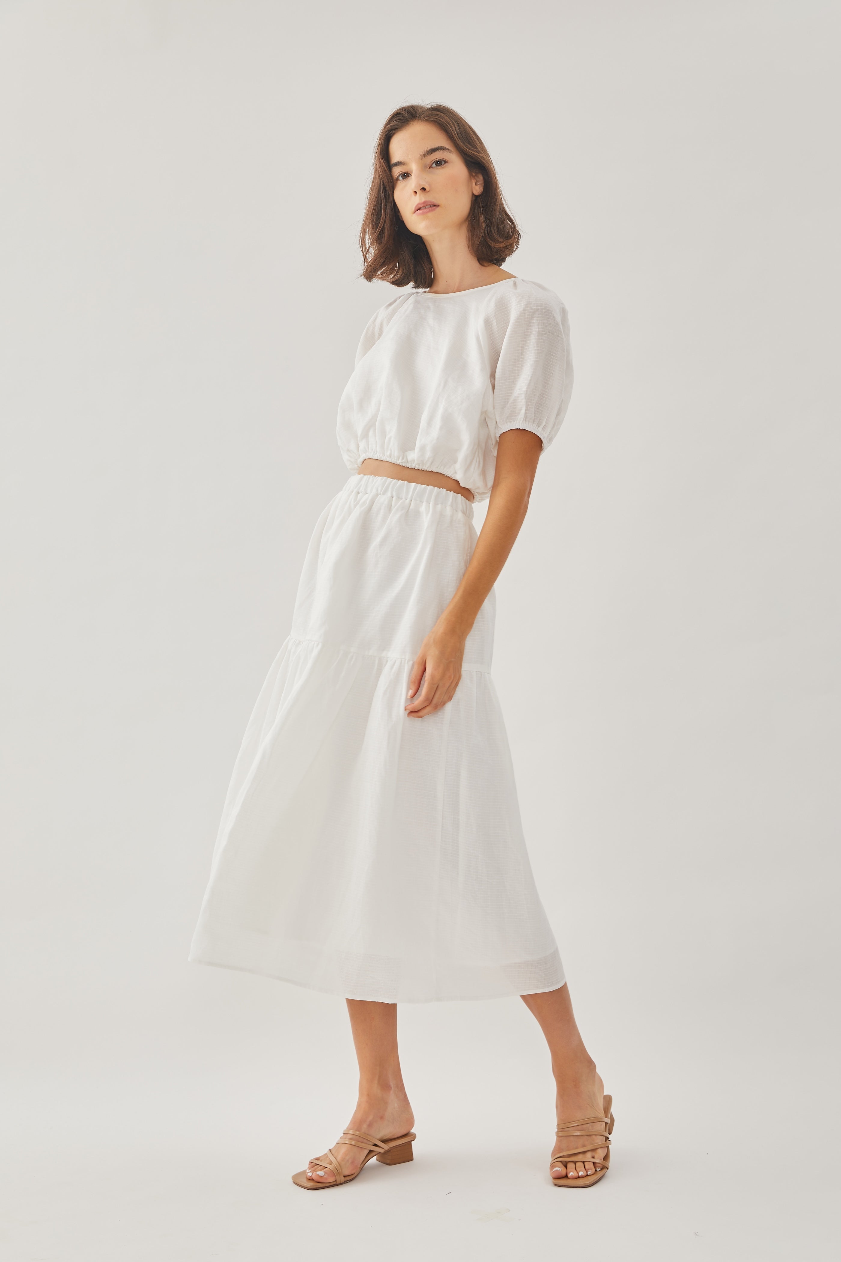 Tencel Puffed Sleeve Crop Top in White (Sale)