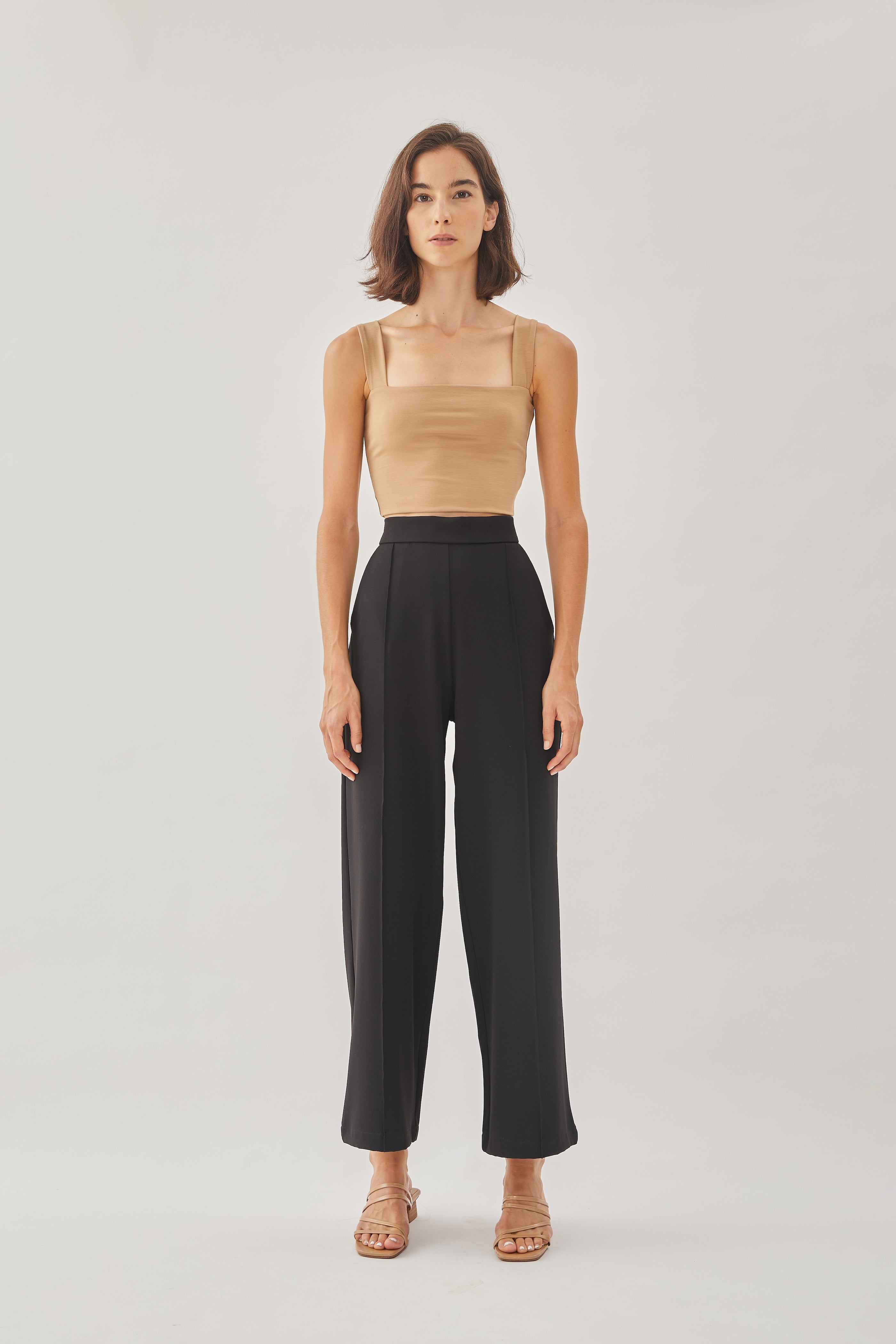 High Waisted Wide Legged Trousers w Foldlines In Black