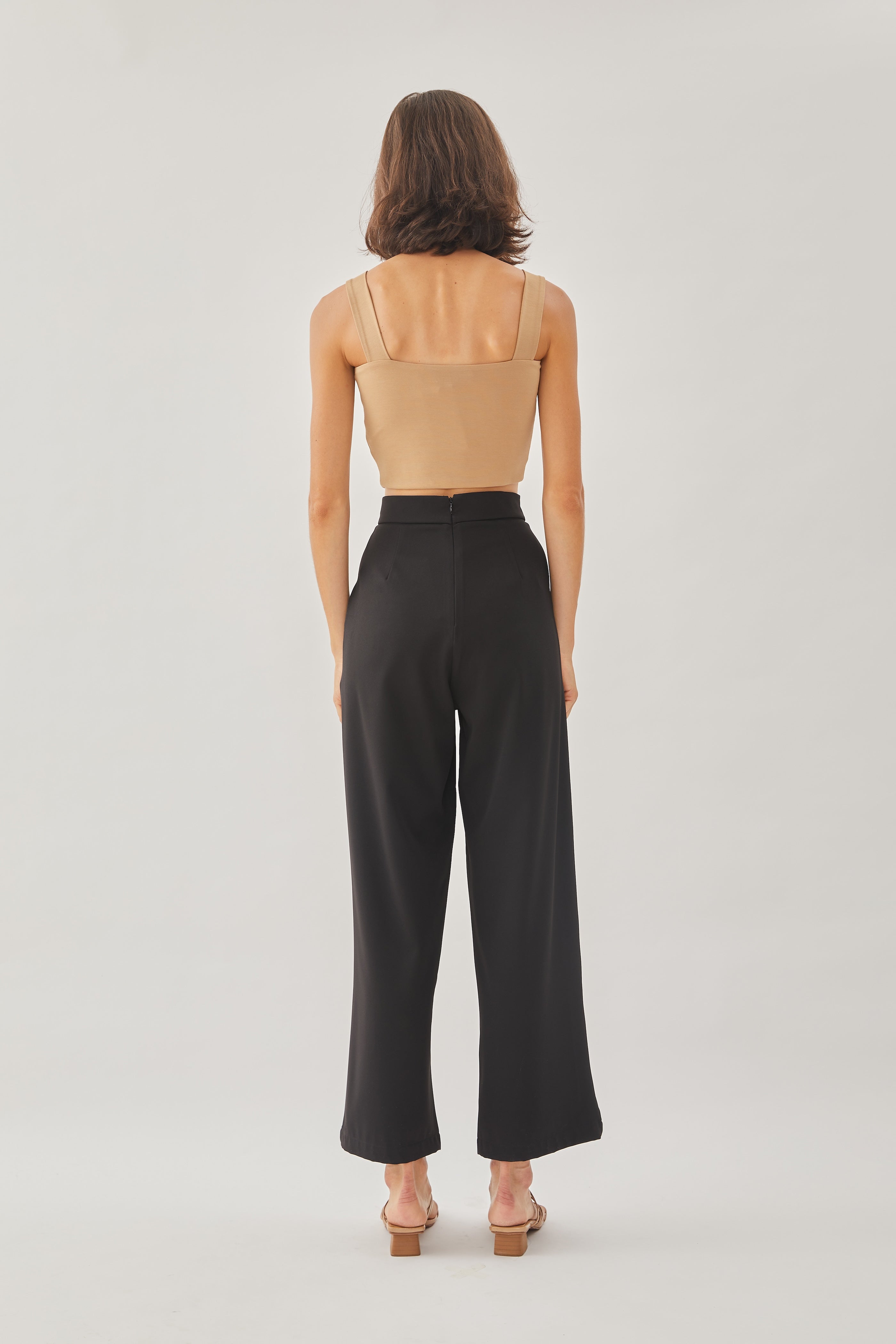 High Waisted Wide Legged Trousers w Foldlines In Black