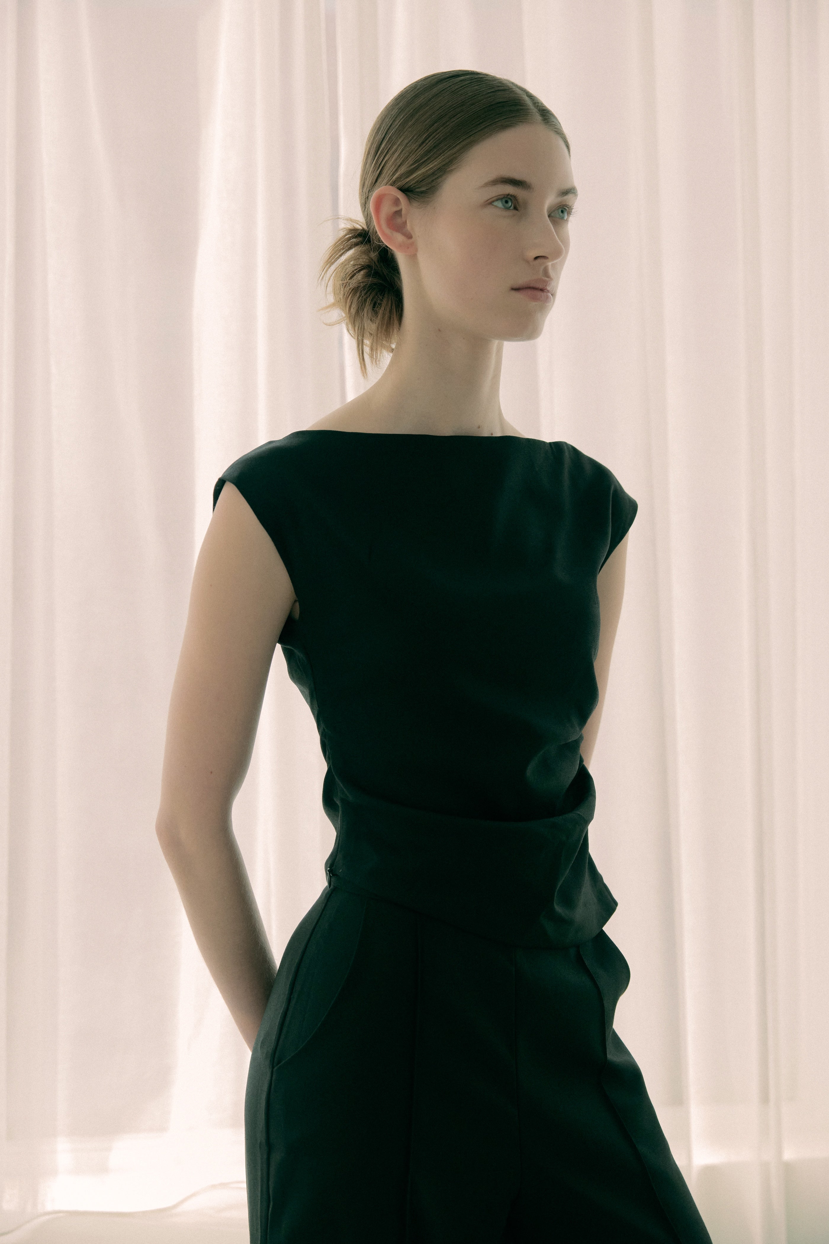 Asymmetrical Ruched Waist Blouse in Black