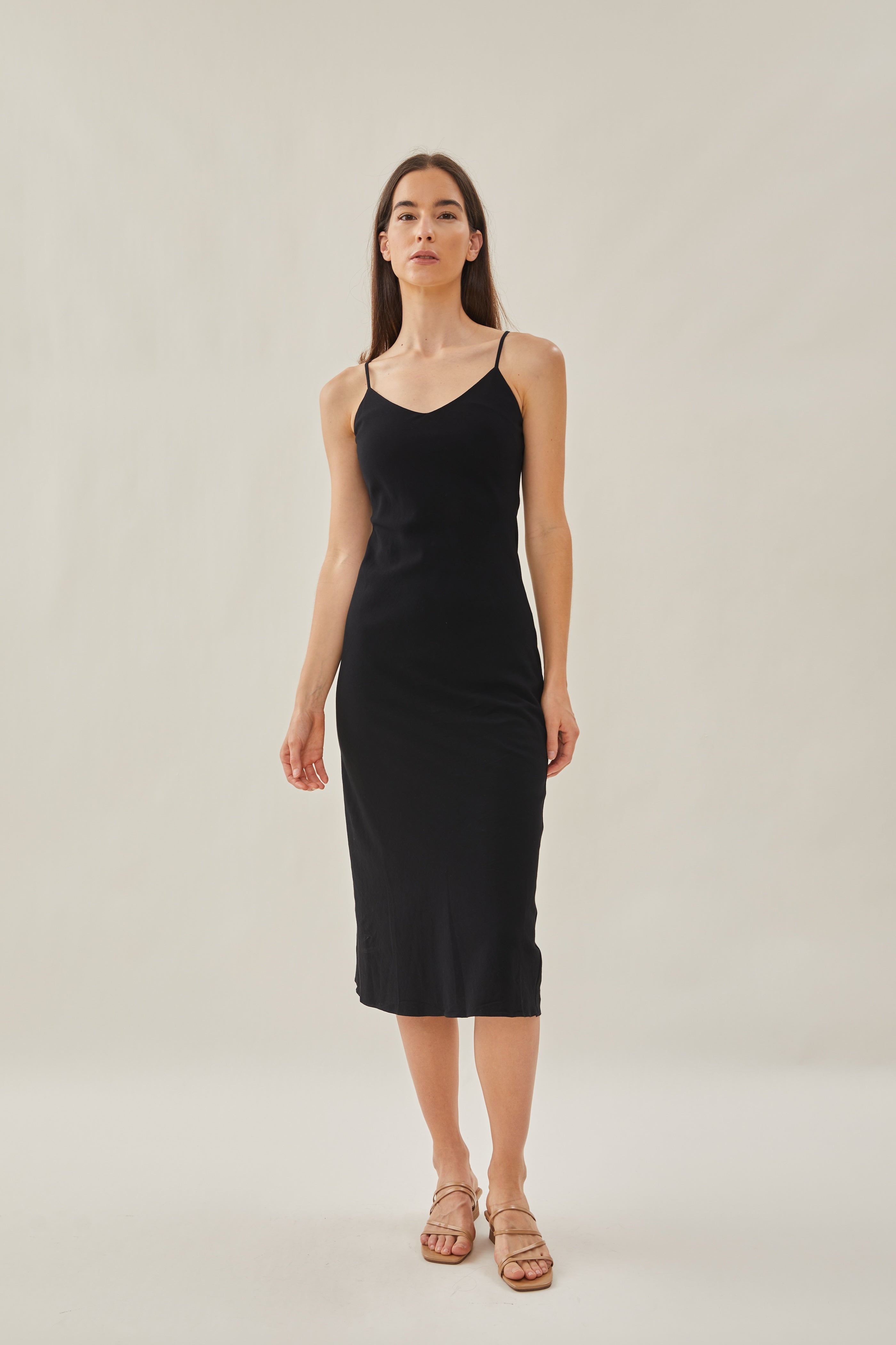 Cotton V Neck Slip Dress in Black