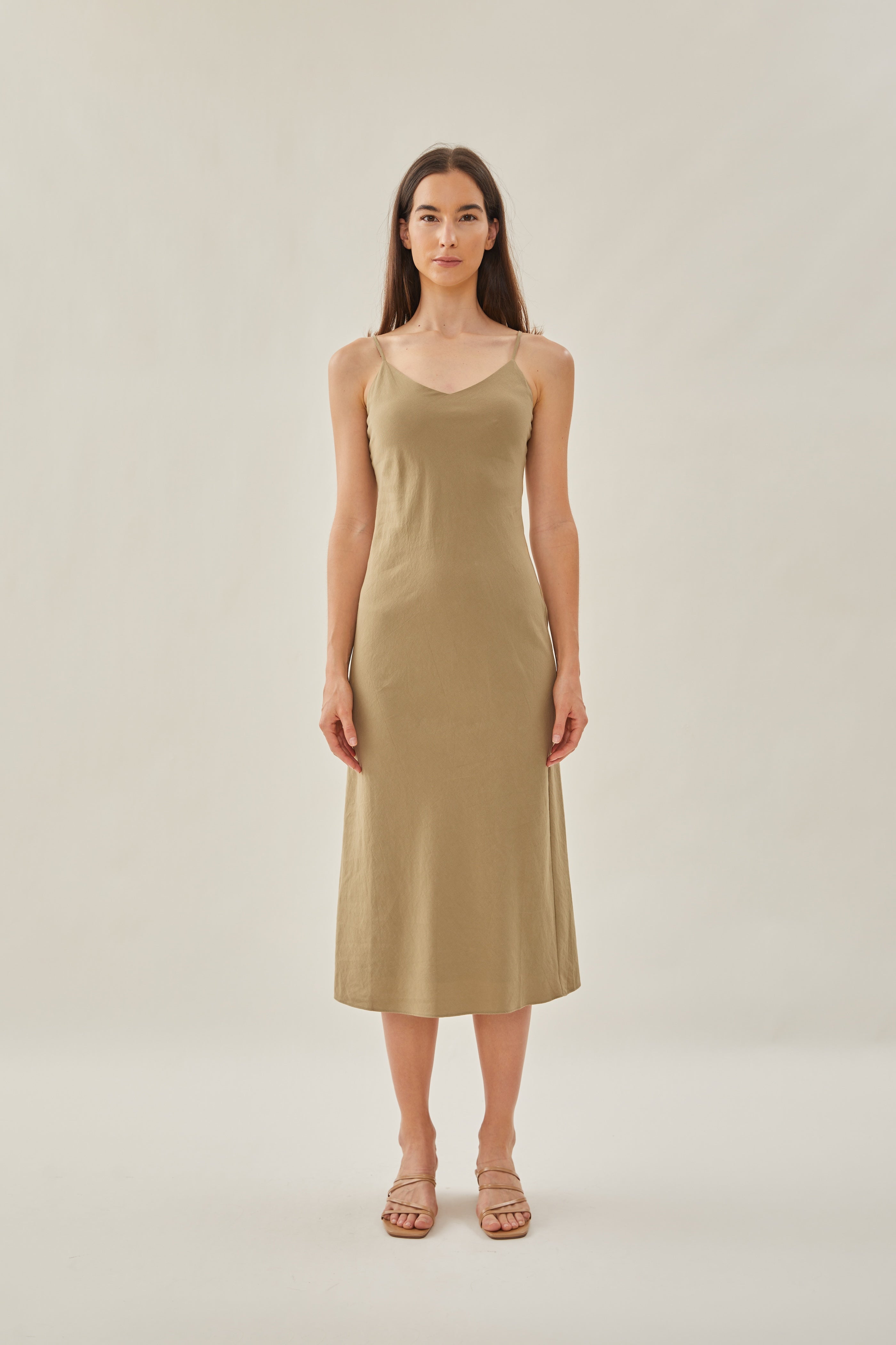Cotton V Neck Slip Dress in Khaki