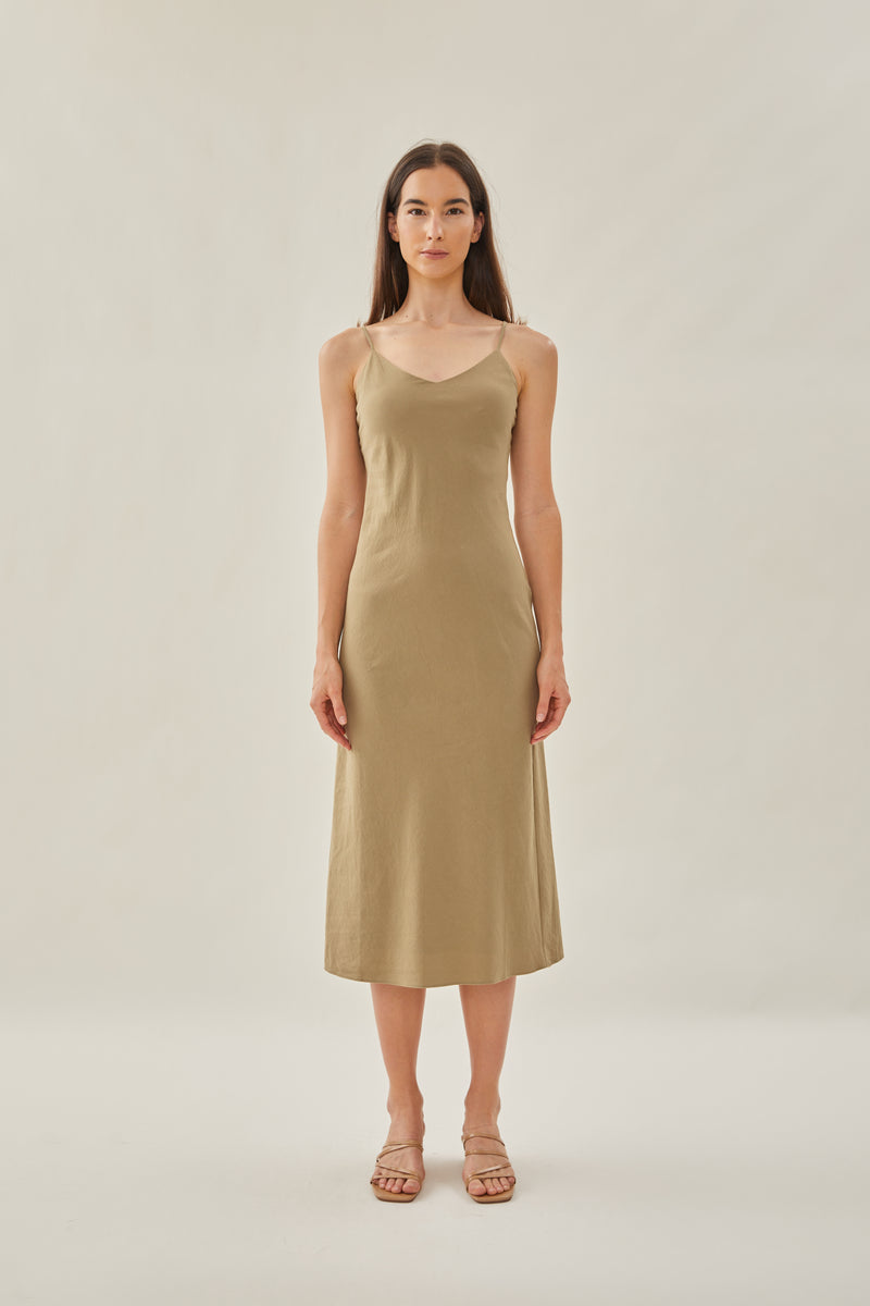 Cotton V Neck Slip Dress in Khaki