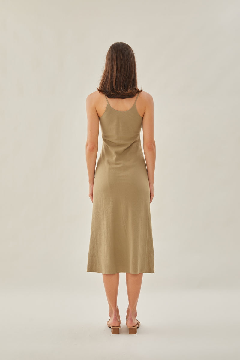 Cotton V Neck Slip Dress in Khaki