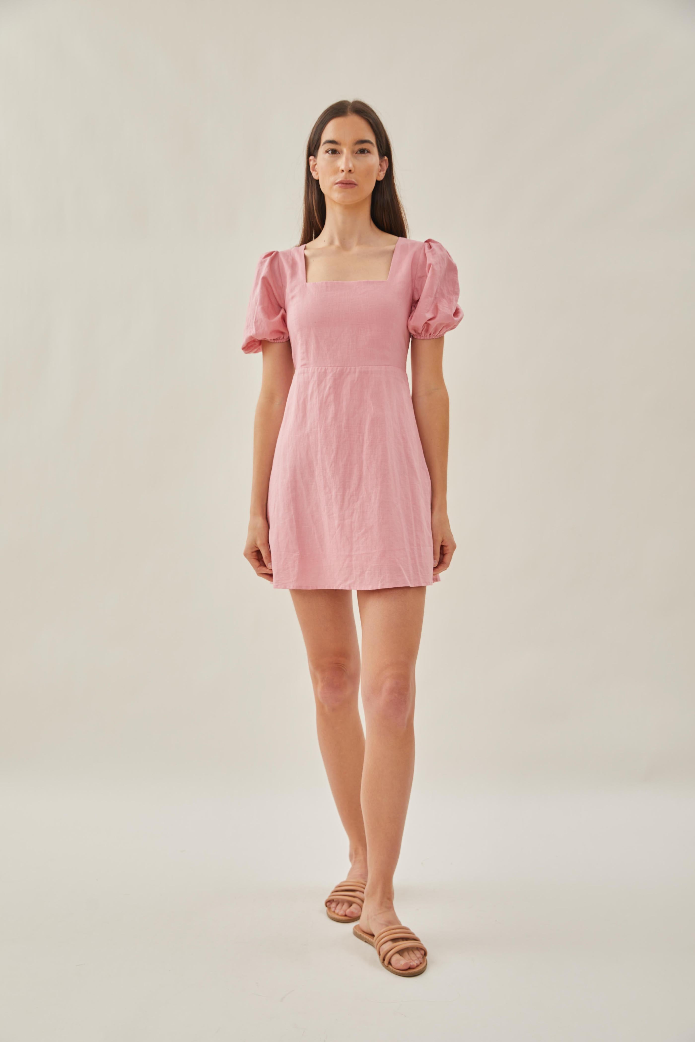Square Neck Sleeved Mini Dress in Pink