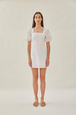 Square Neck Sleeved Mini Dress in White