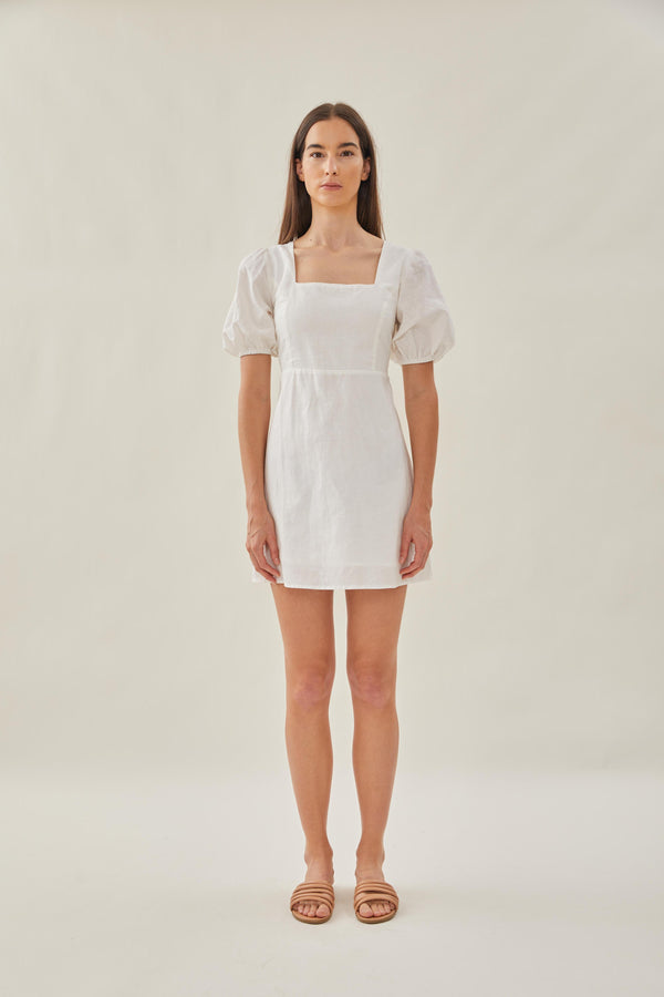 Square Neck Sleeved Mini Dress in White