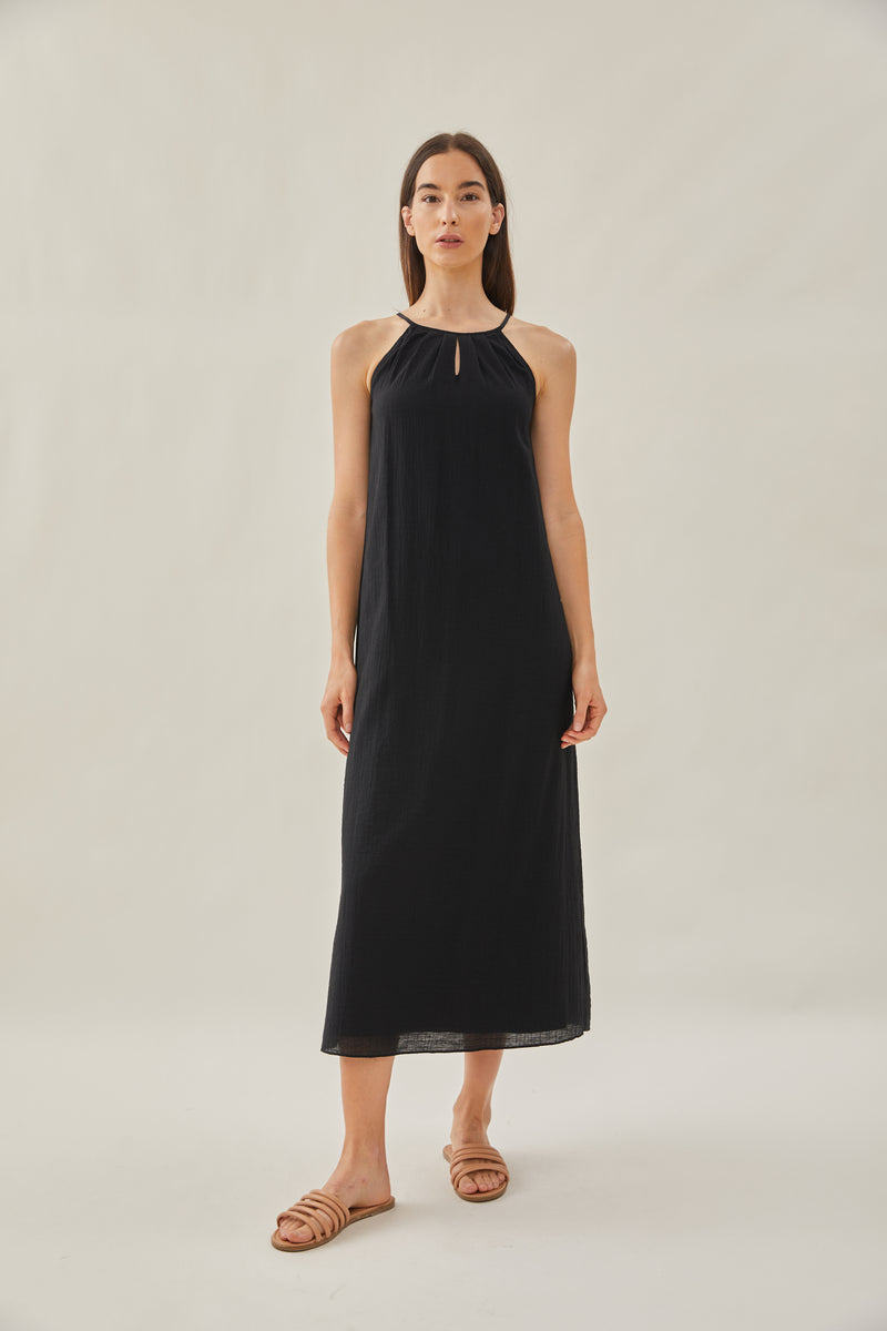 Gathered Dress With Keyhole in Black